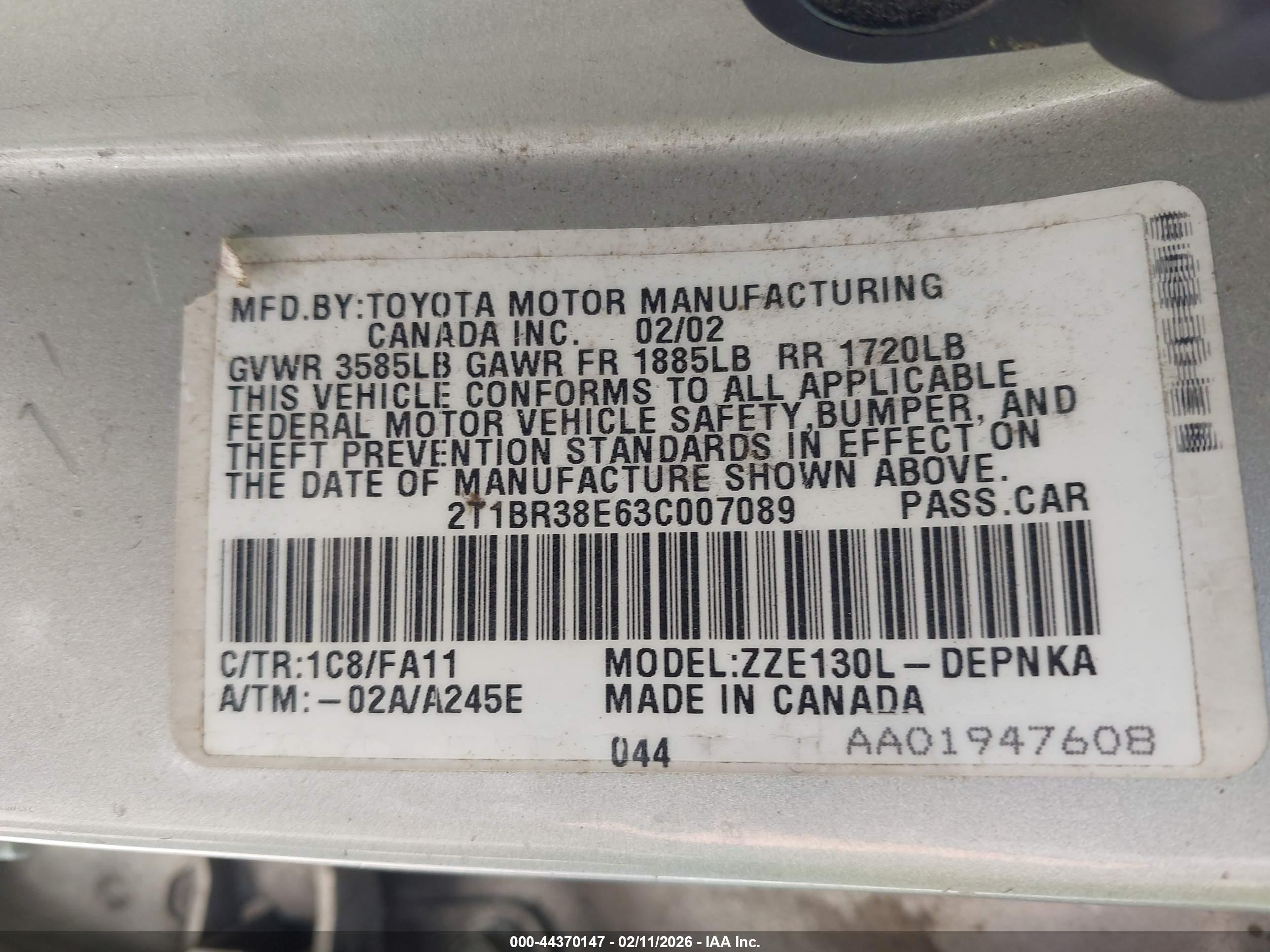 2003 Toyota Corolla Le Silver vin: 2T1BR38E63C007089