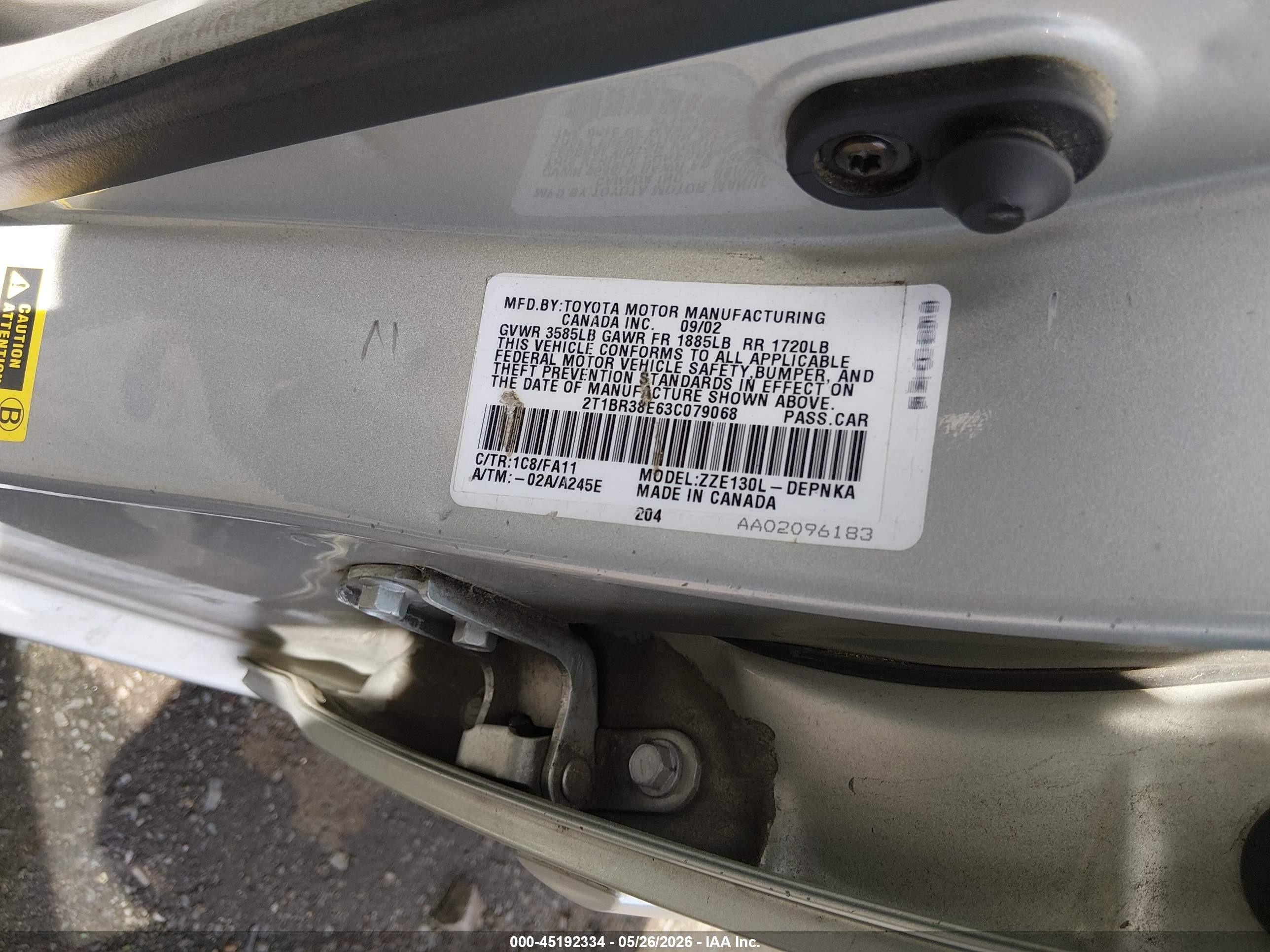 2003 Toyota Corolla Le Серебряный vin: 2T1BR38E63C079068