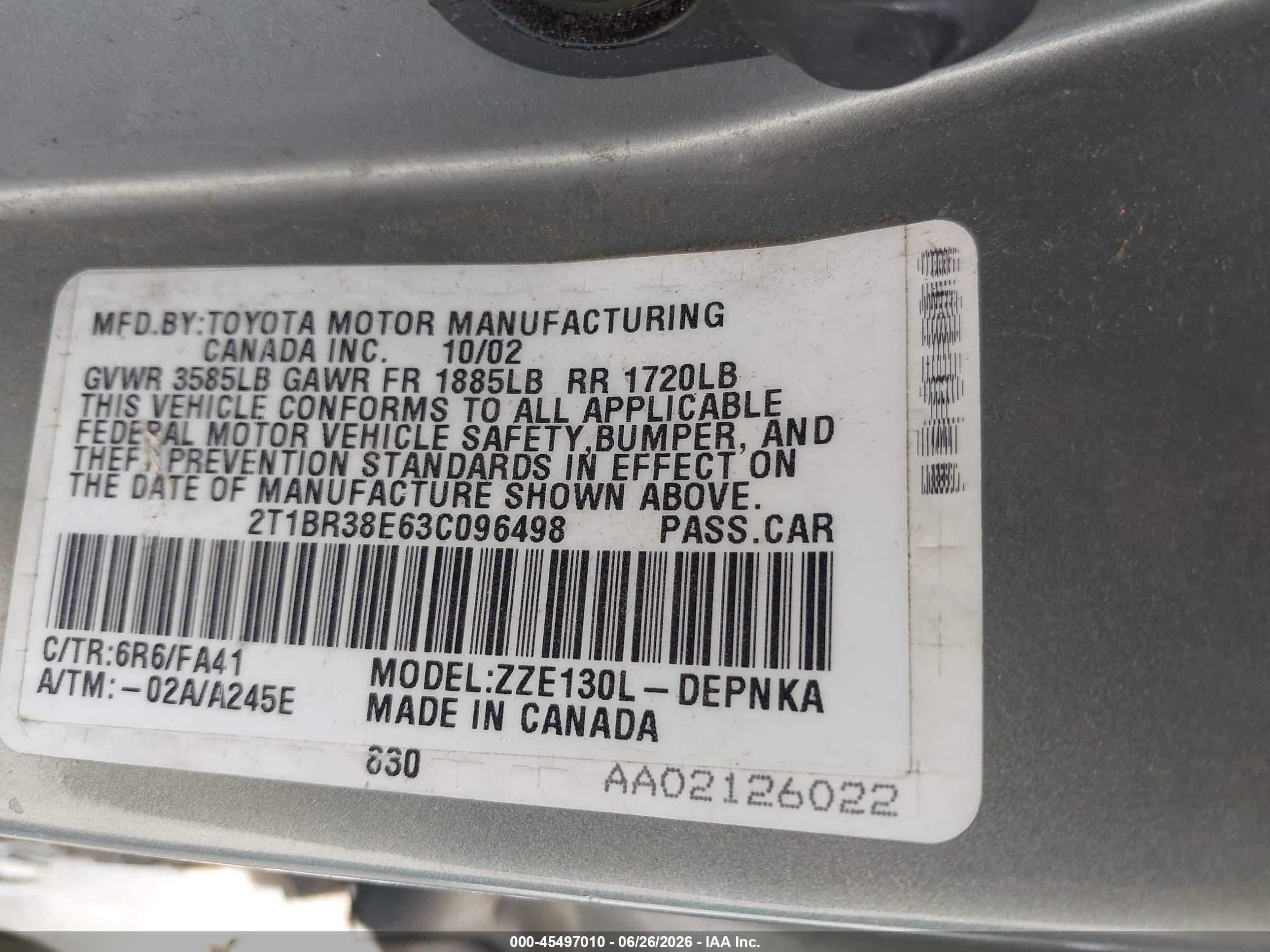 2003 Toyota Corolla Le Silver vin: 2T1BR38E63C096498