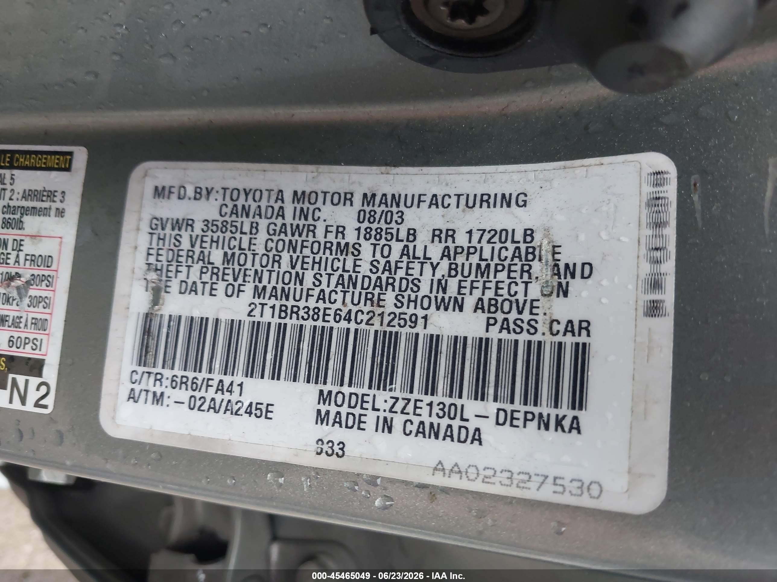 2004 Toyota Corolla Le Gray vin: 2T1BR38E64C212591