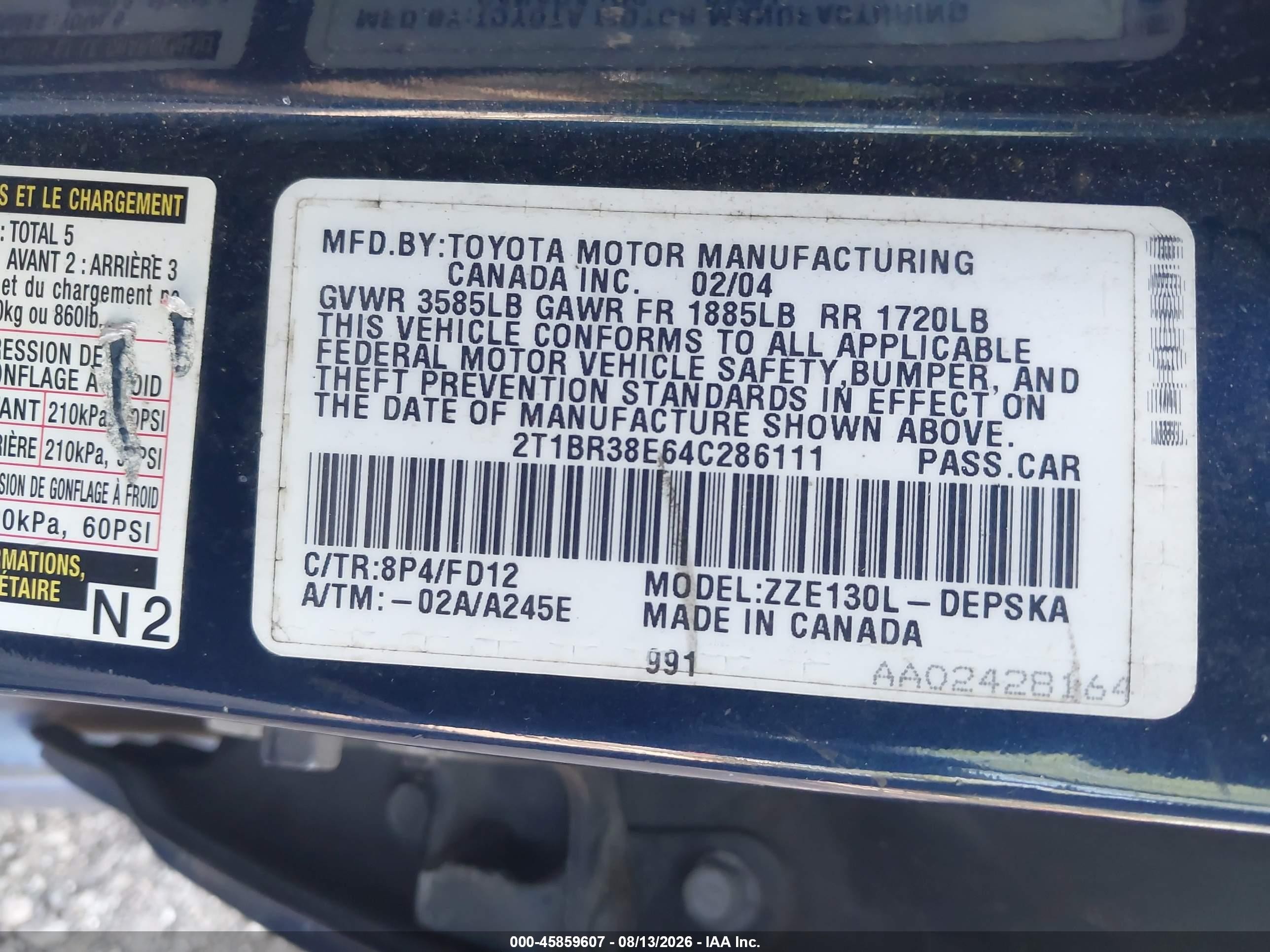 2004 Toyota Corolla S Blue vin: 2T1BR38E64C286111
