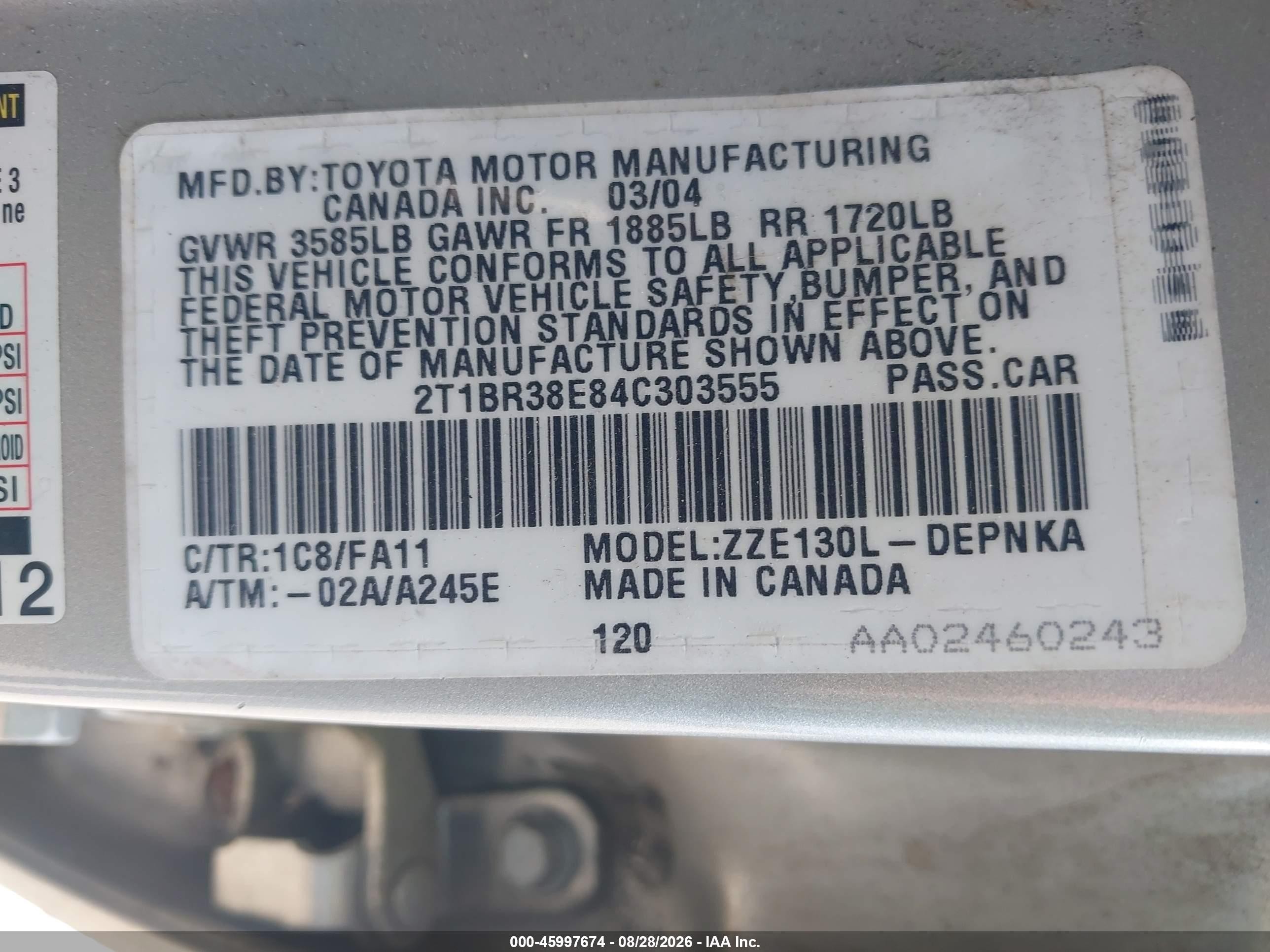 2004 Toyota Corolla Le Silver vin: 2T1BR38E84C303555