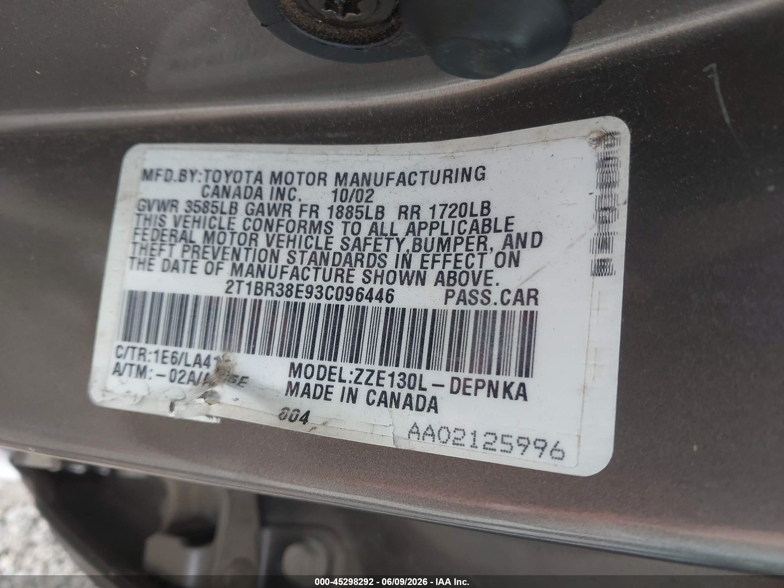 2003 Toyota Corolla Le Gray vin: 2T1BR38E93C096446