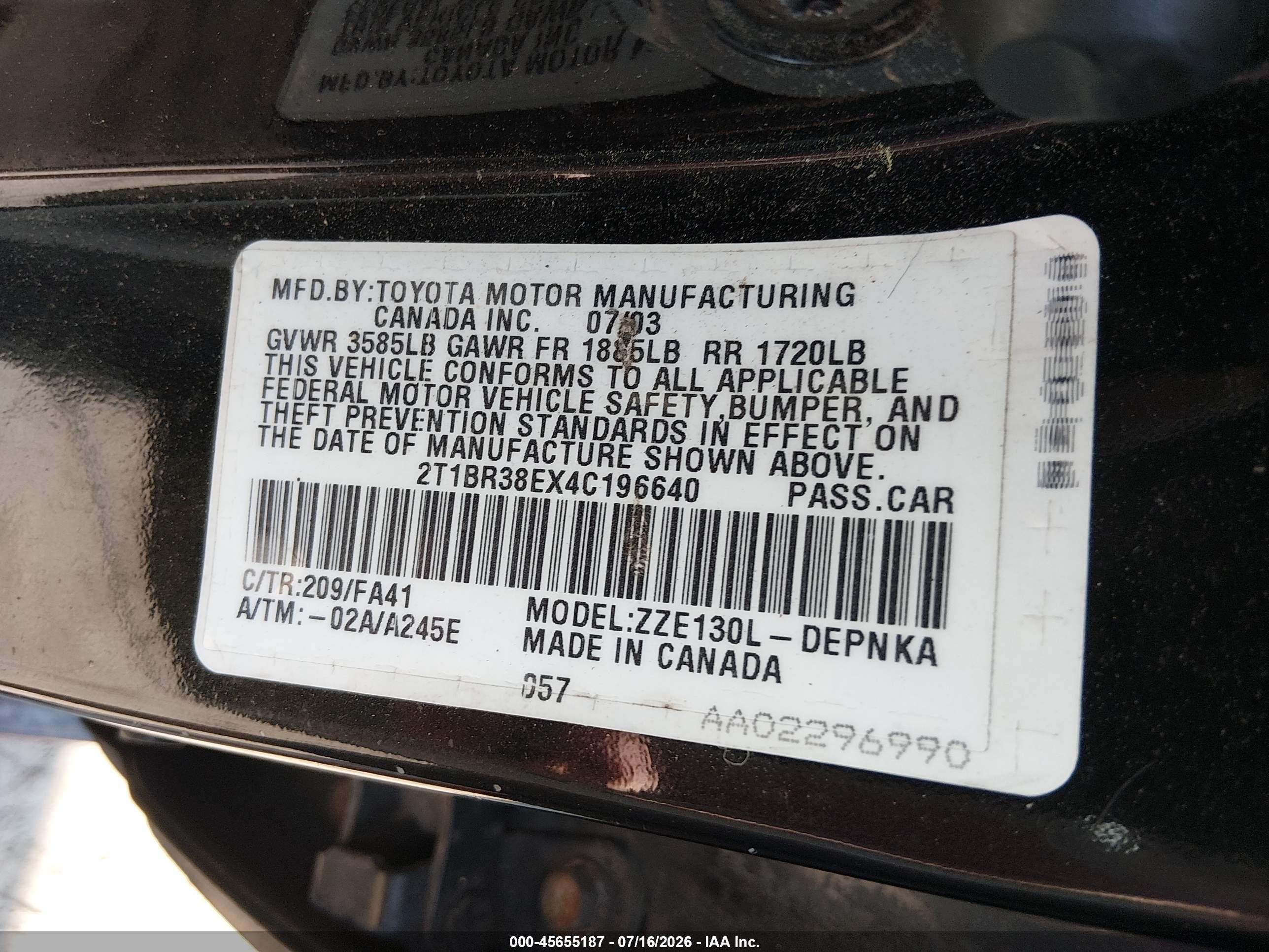 2004 Toyota Corolla Le Black vin: 2T1BR38EX4C196640