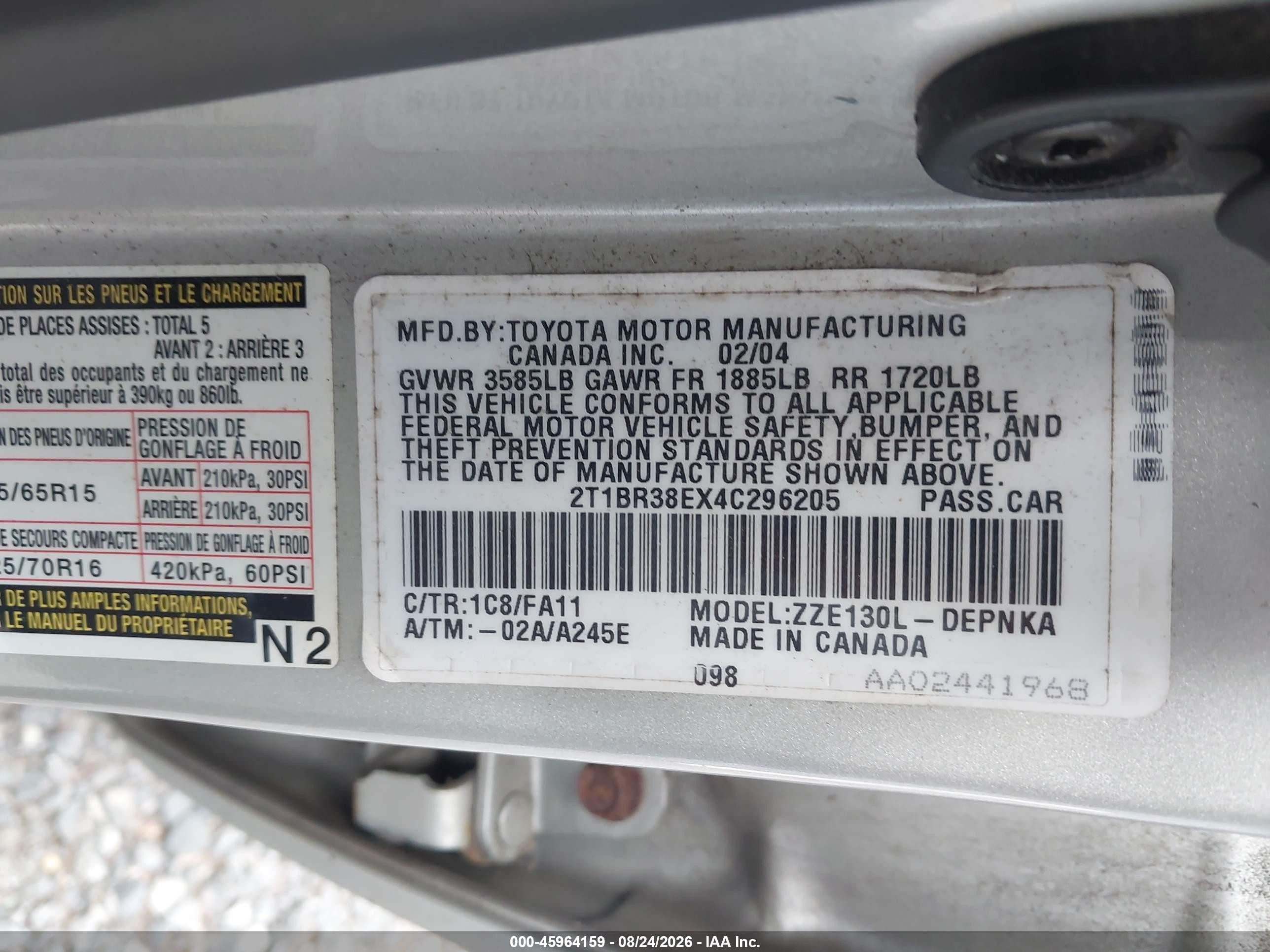 2004 Toyota Corolla Le Silver vin: 2T1BR38EX4C296205