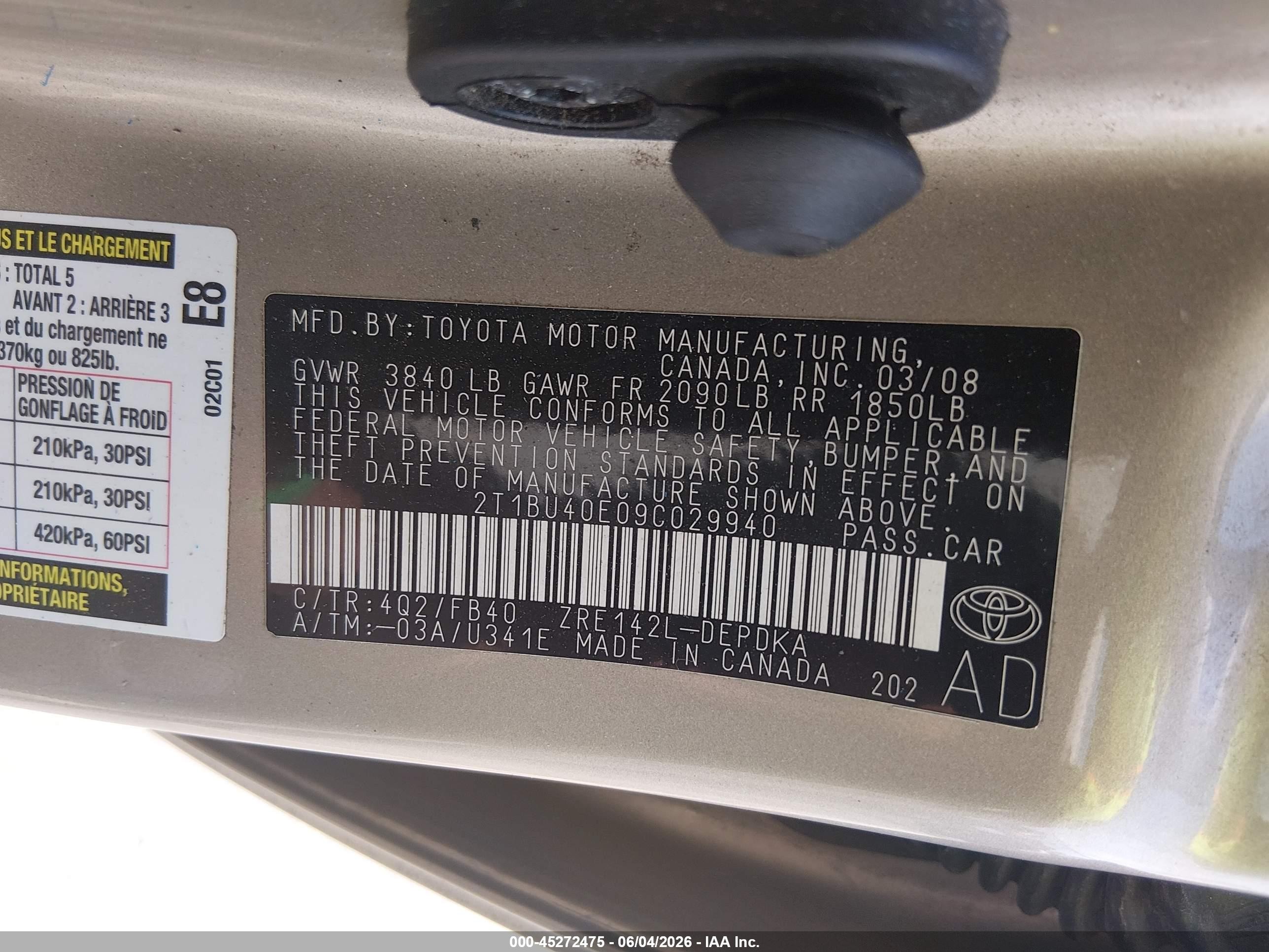 2009 Toyota Corolla Le Gold vin: 2T1BU40E09C029940