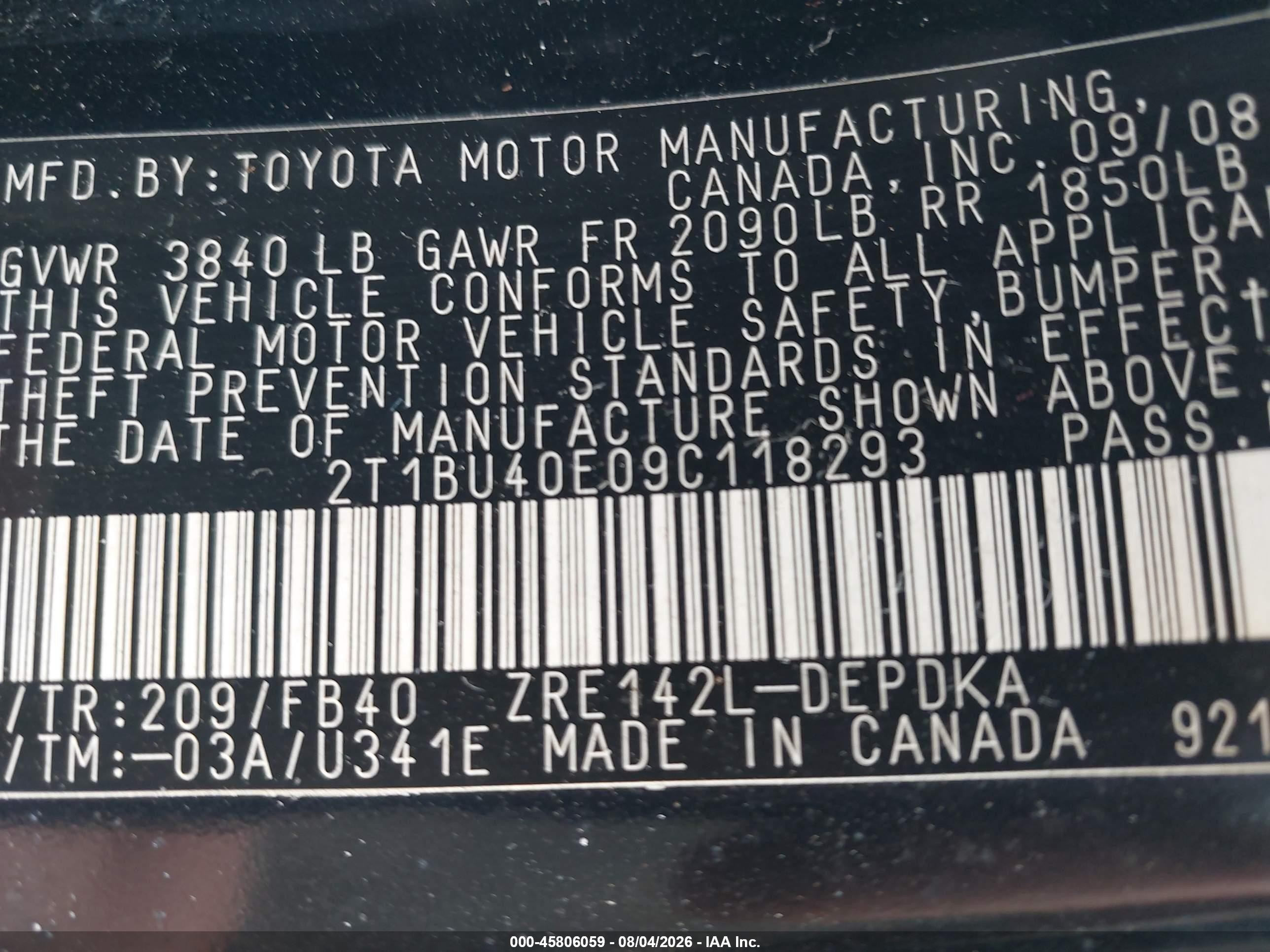 2009 Toyota Corolla Le Black vin: 2T1BU40E09C118293