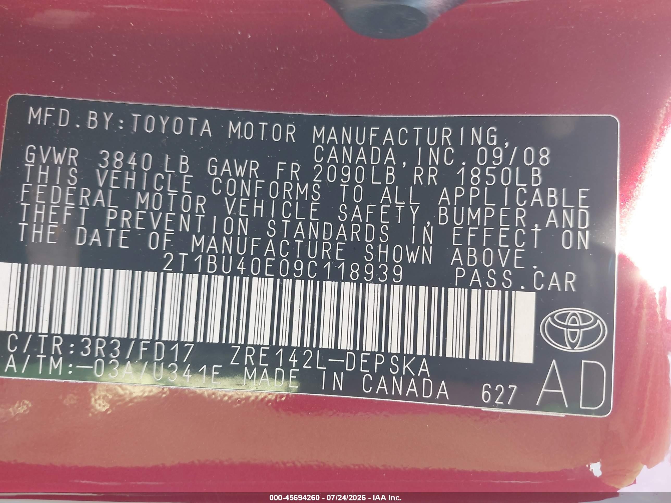 2009 Toyota Corolla S Red vin: 2T1BU40E09C118939