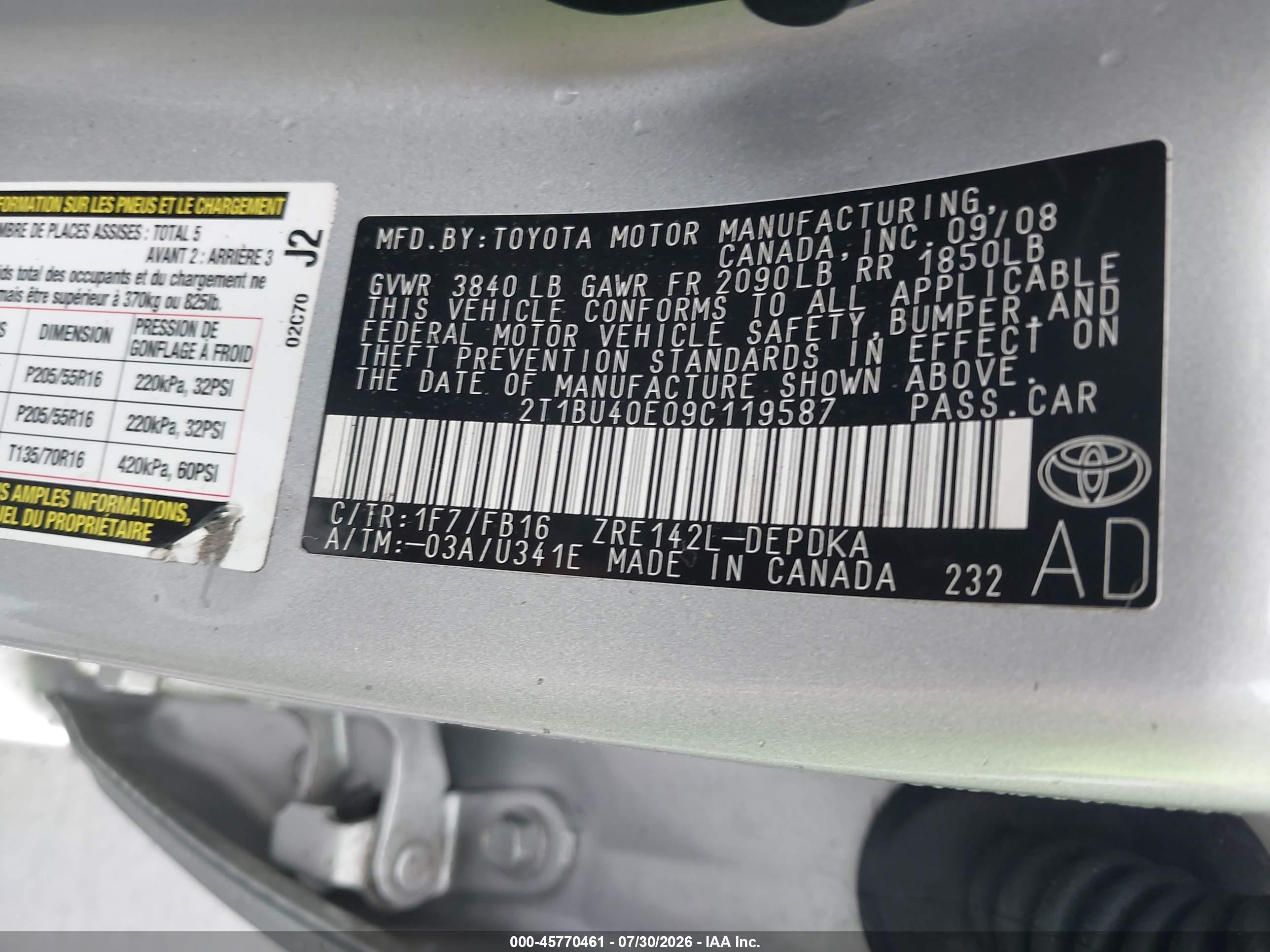 2009 Toyota Corolla Le Silver vin: 2T1BU40E09C119587