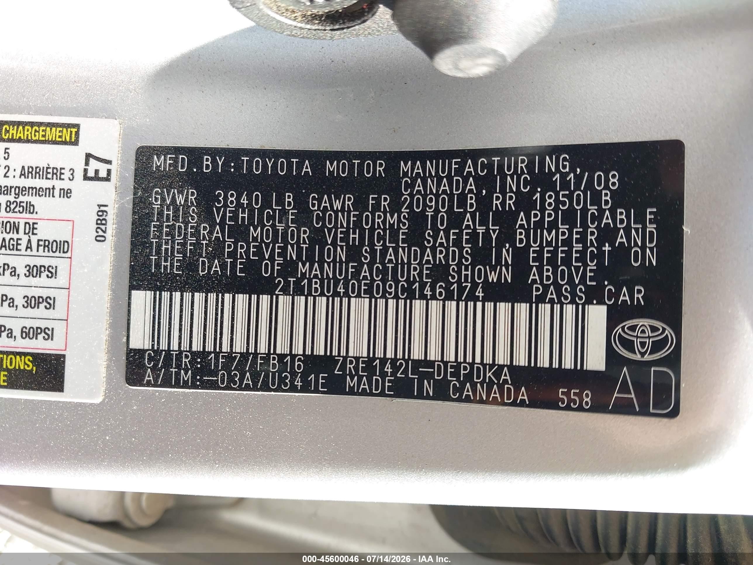 2009 Toyota Corolla Le Silver vin: 2T1BU40E09C146174