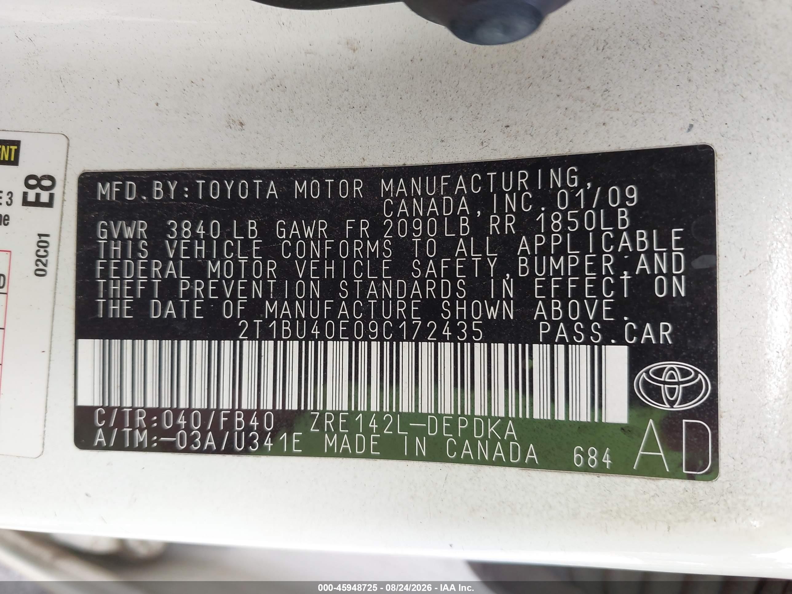 2009 Toyota Corolla Le White vin: 2T1BU40E09C172435