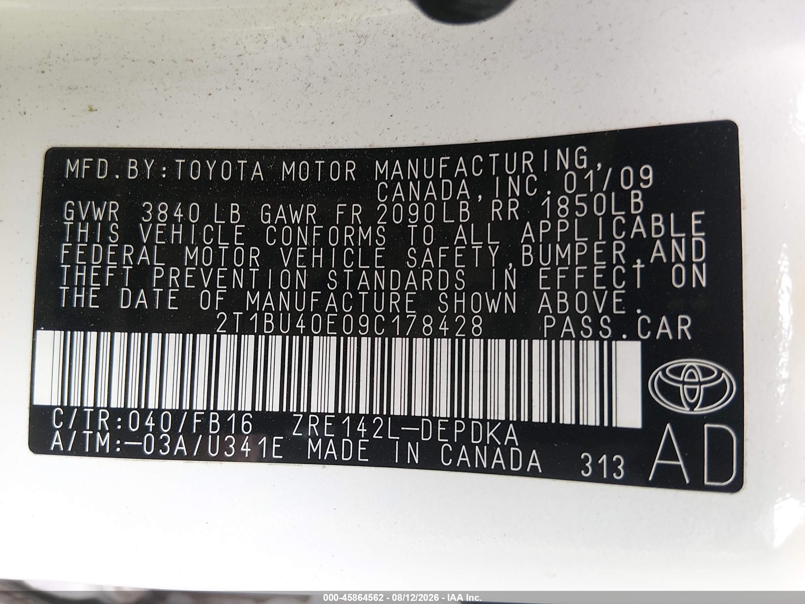 2009 Toyota Corolla Le White vin: 2T1BU40E09C178428