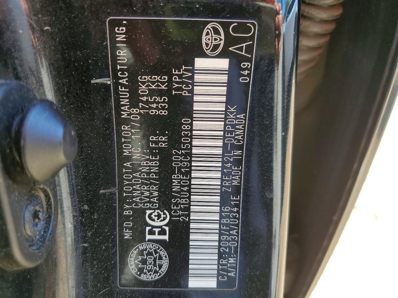2009 Toyota Corolla Black vin: 2T1BU40E19C150380