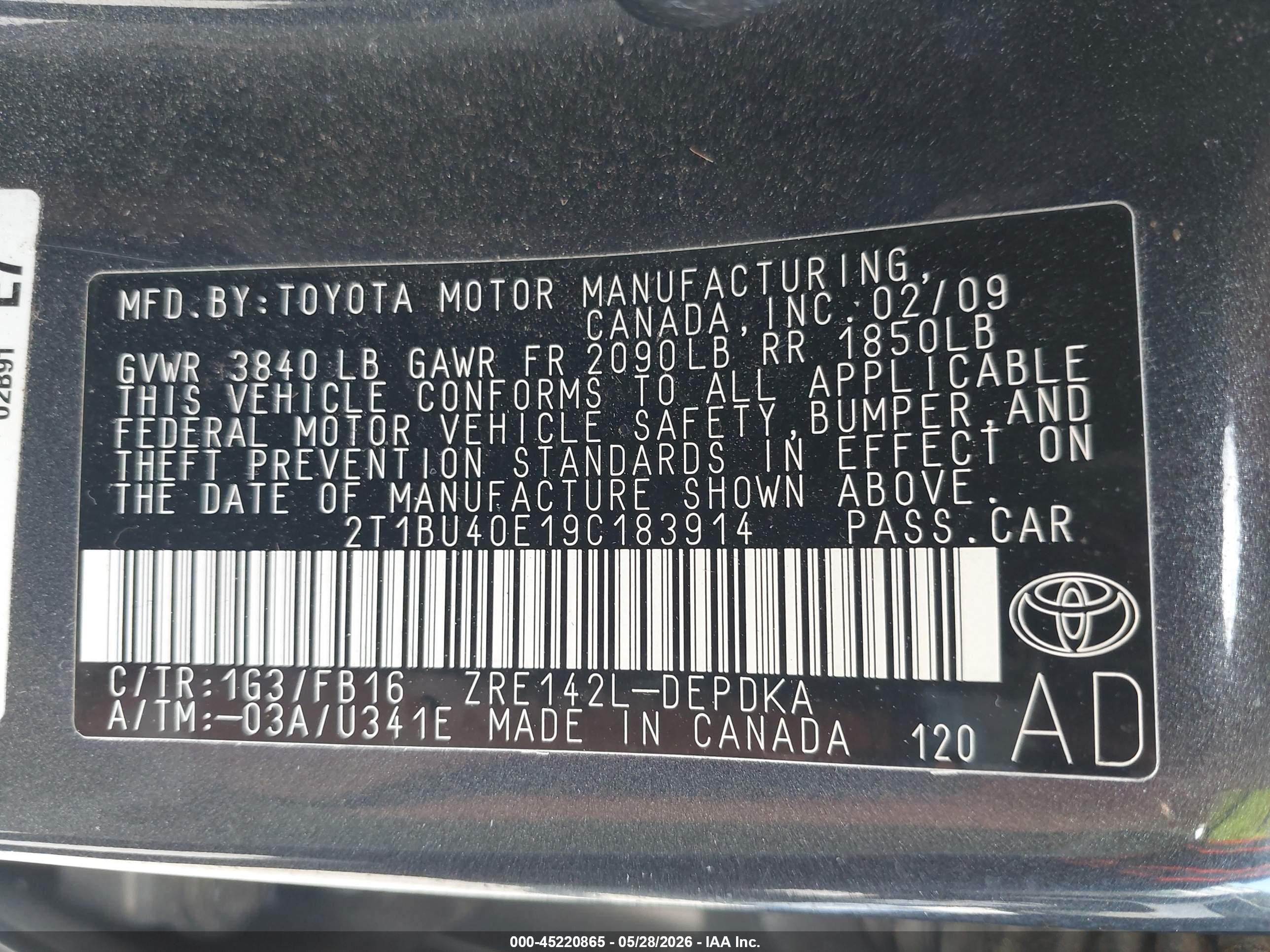 2009 Toyota Corolla Le Gray vin: 2T1BU40E19C183914
