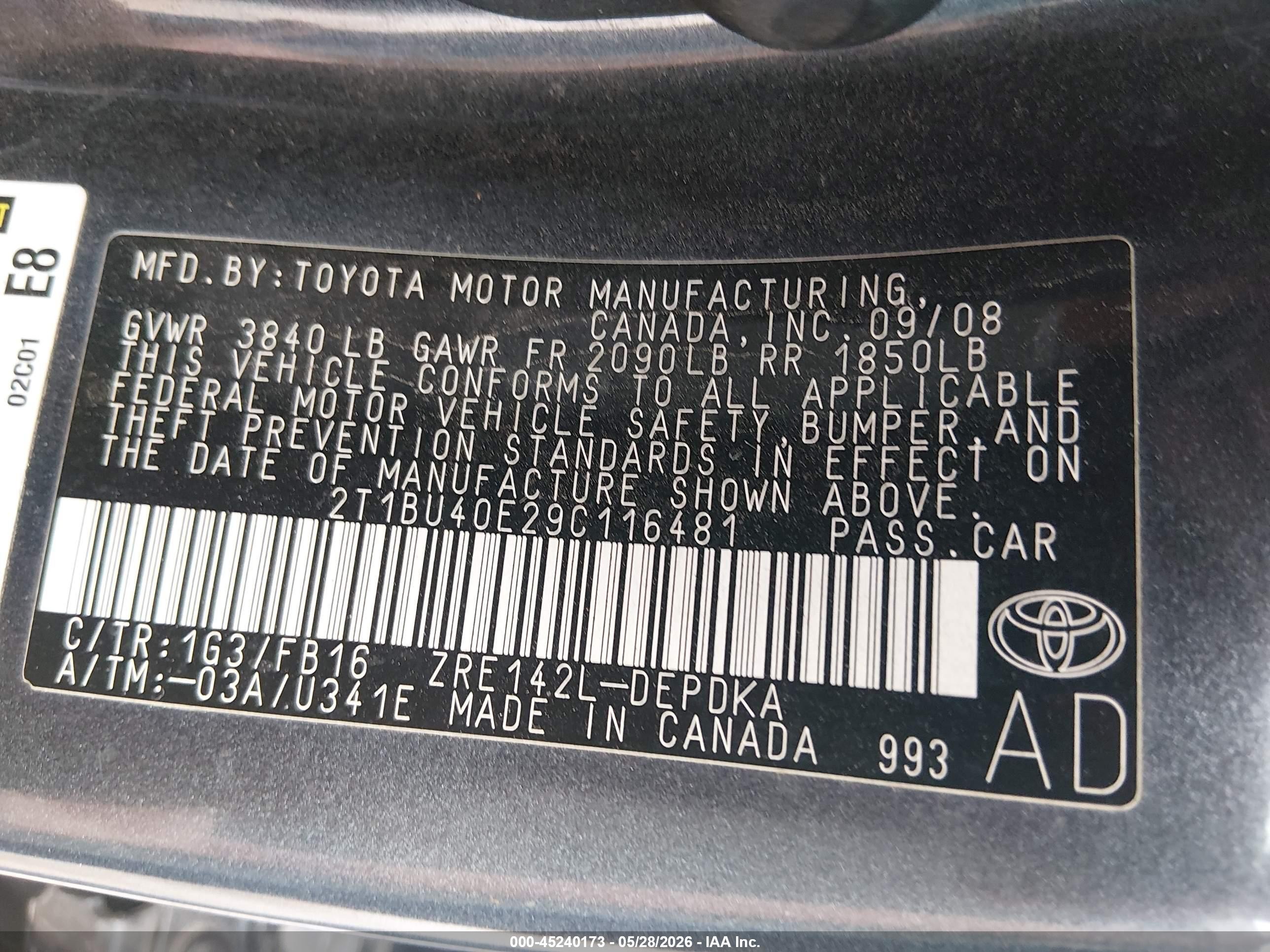 2009 Toyota Corolla Le Gray vin: 2T1BU40E29C116481