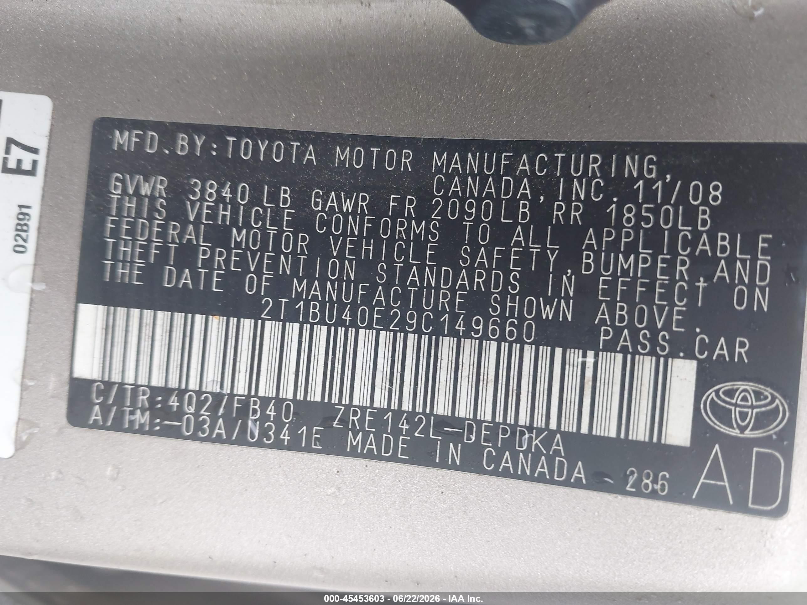 2009 Toyota Corolla Le Tan vin: 2T1BU40E29C149660