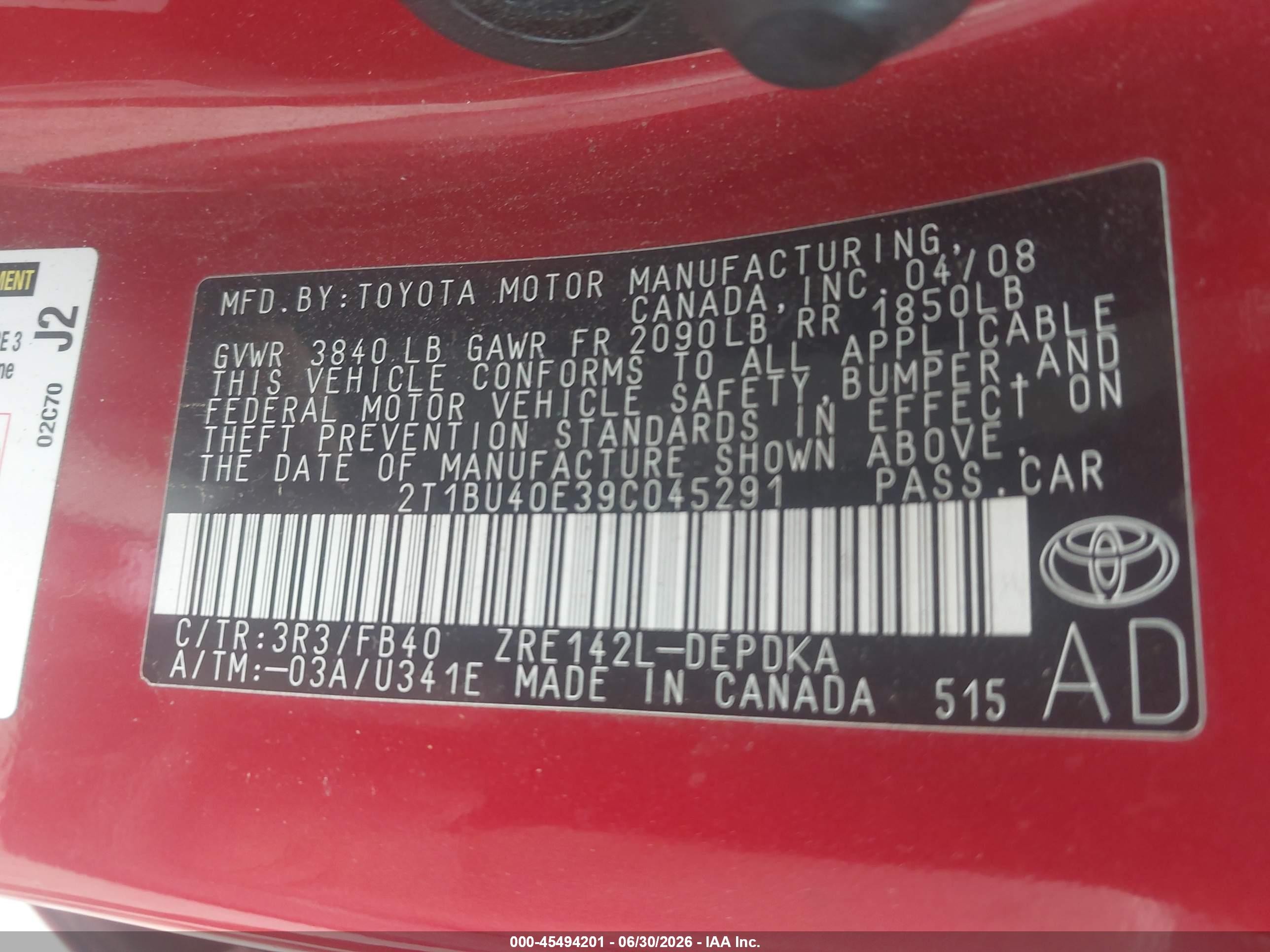 2009 Toyota Corolla Le Red vin: 2T1BU40E39C045291