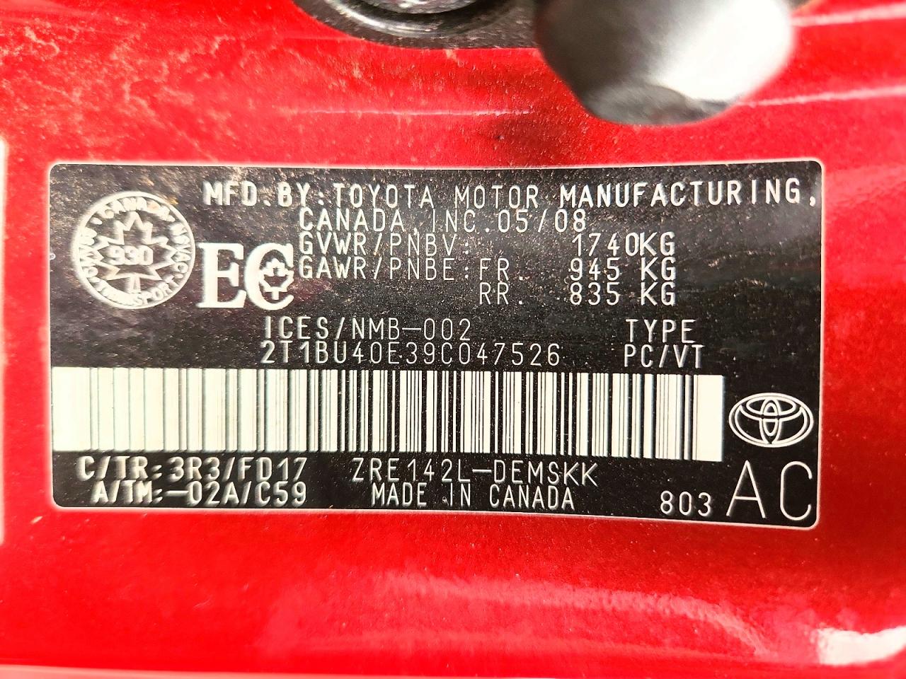 2009 Toyota Corolla Base Red vin: 2T1BU40E39C047526