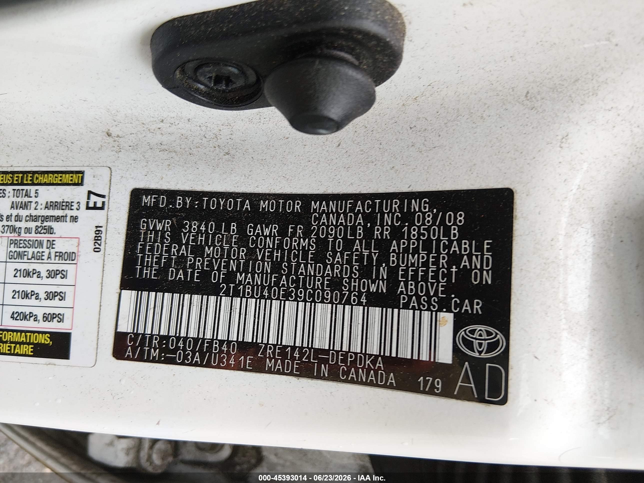 2009 Toyota Corolla Le White vin: 2T1BU40E39C090764
