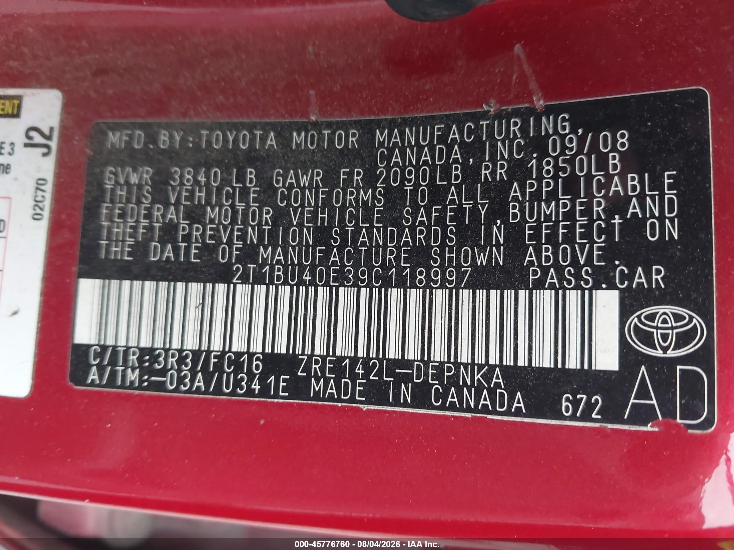 2009 Toyota Corolla Xle Red vin: 2T1BU40E39C118997