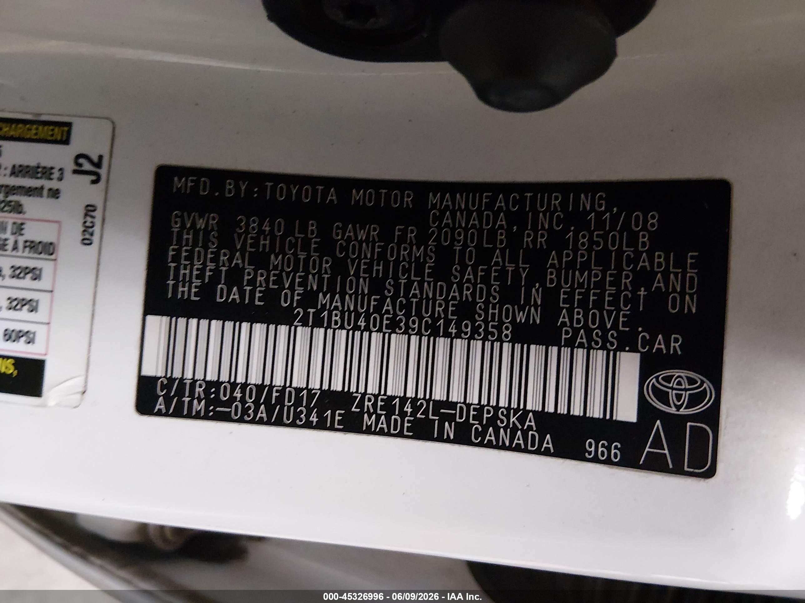 2009 Toyota Corolla S White vin: 2T1BU40E39C149358