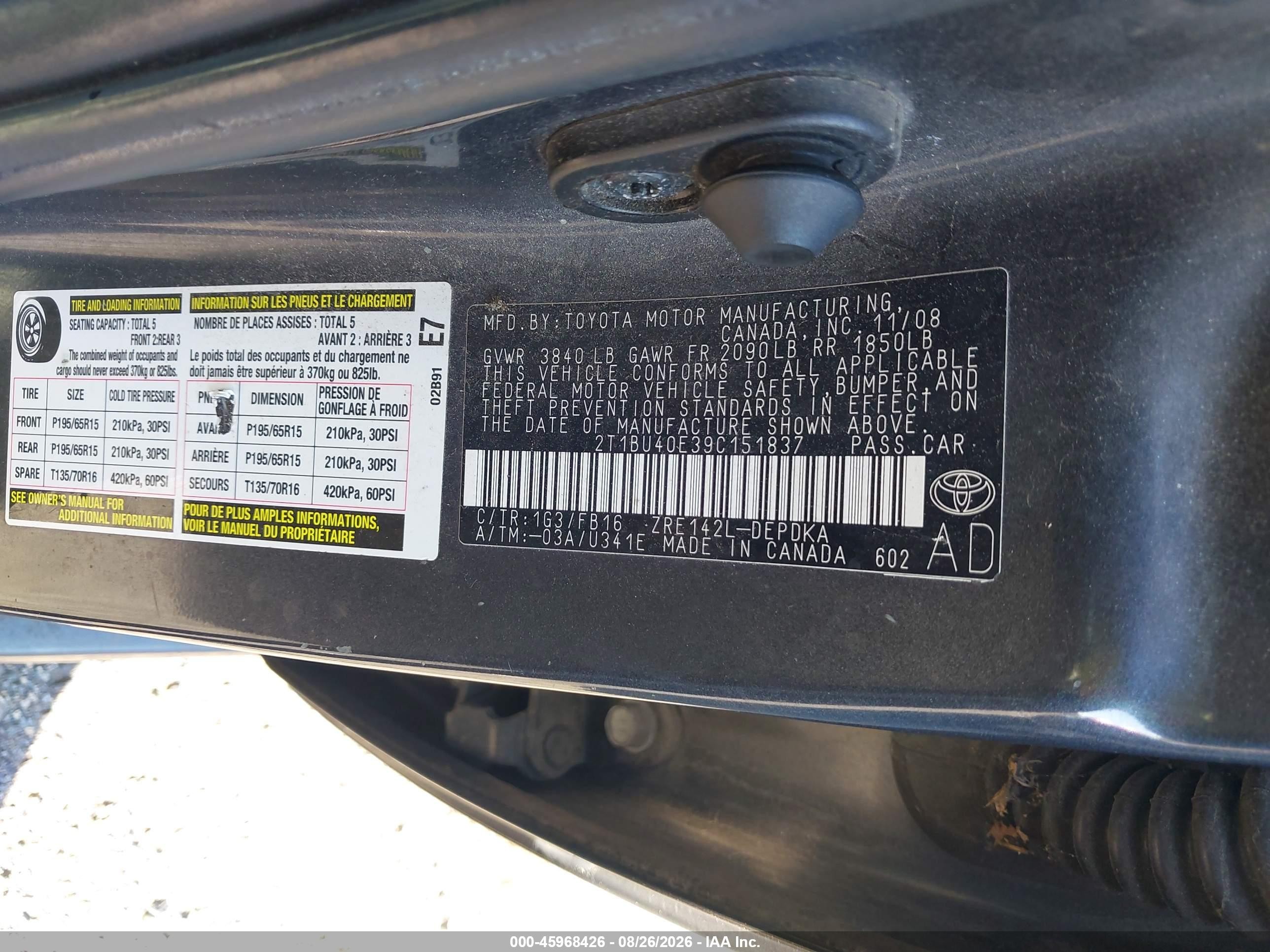 2009 Toyota Corolla Le Gray vin: 2T1BU40E39C151837