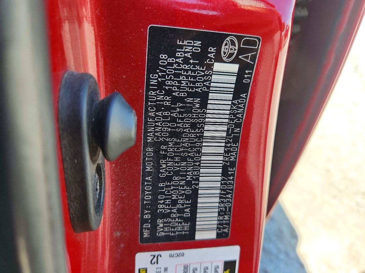 2009 Toyota Corolla S Red vin: 2T1BU40E39C155905