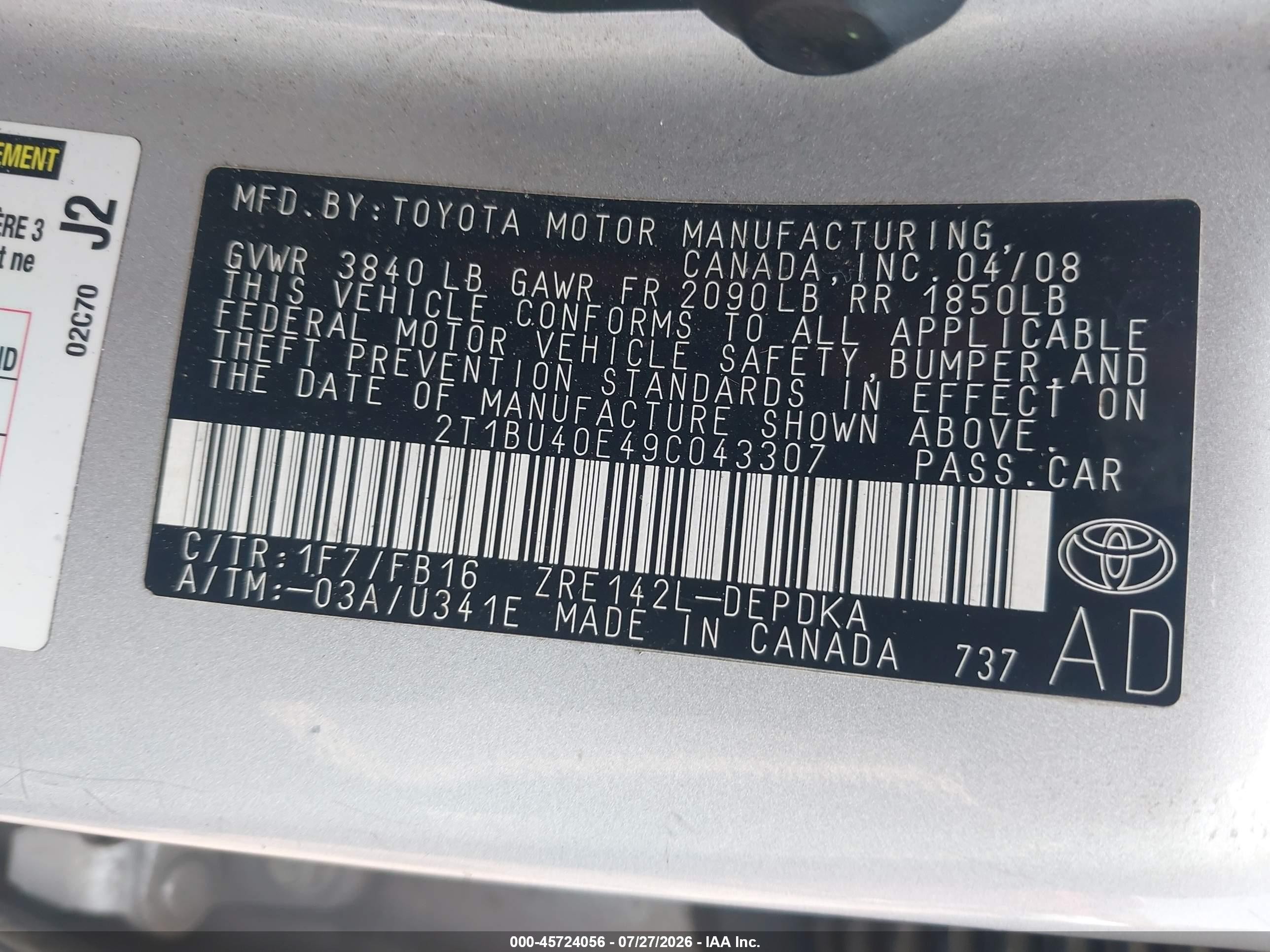 2009 Toyota Corolla Le Gray vin: 2T1BU40E49C043307