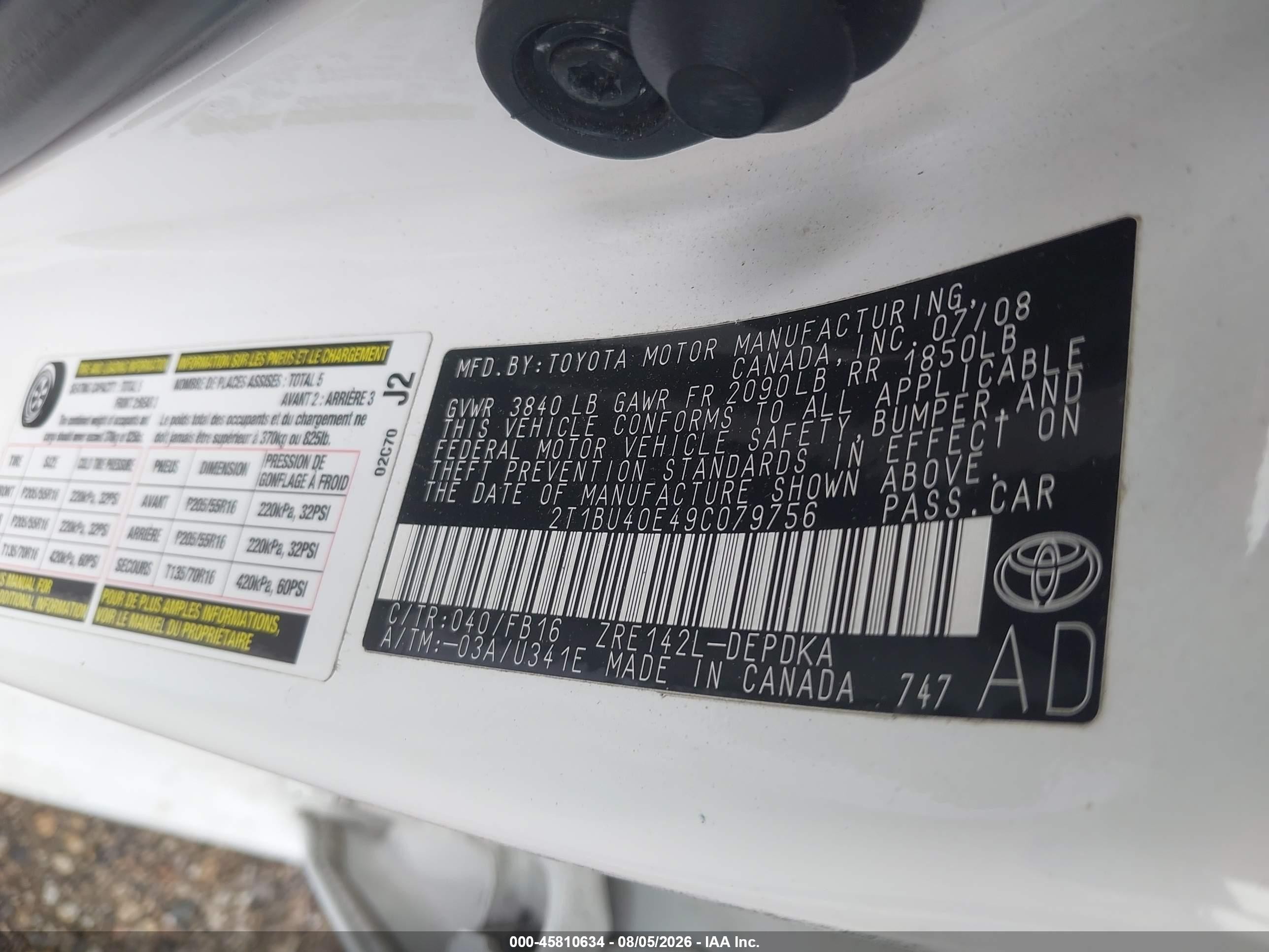 2009 Toyota Corolla Le Silver vin: 2T1BU40E49C079756