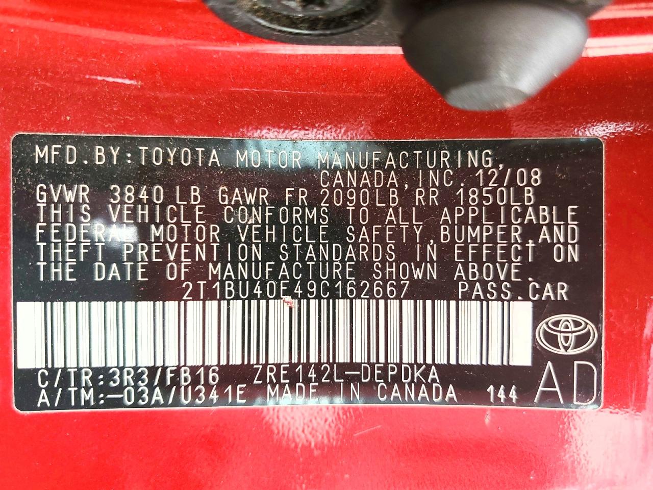 2009 Toyota Corolla Le Red vin: 2T1BU40E49C162667