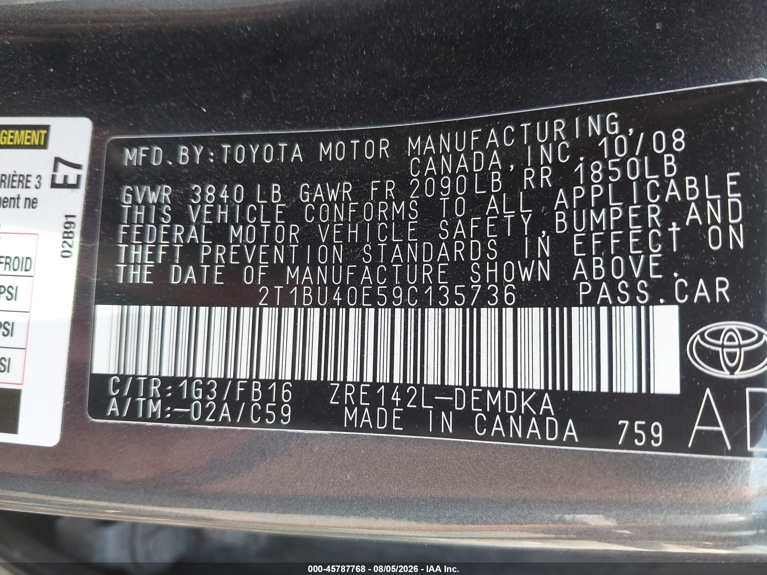 2009 Toyota Corolla   Gray vin: 2T1BU40E59C135736