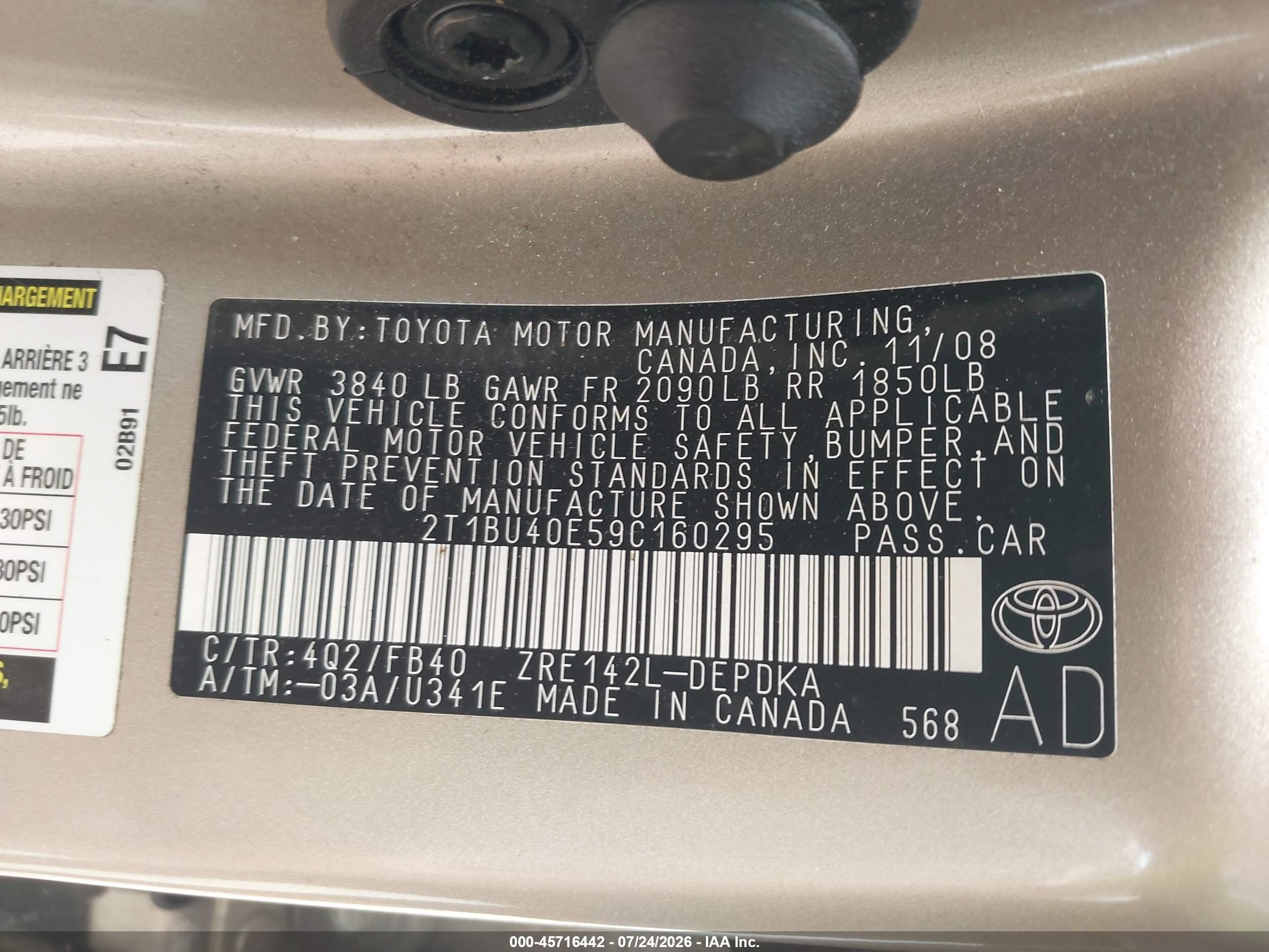 2009 Toyota Corolla Le Tan vin: 2T1BU40E59C160295
