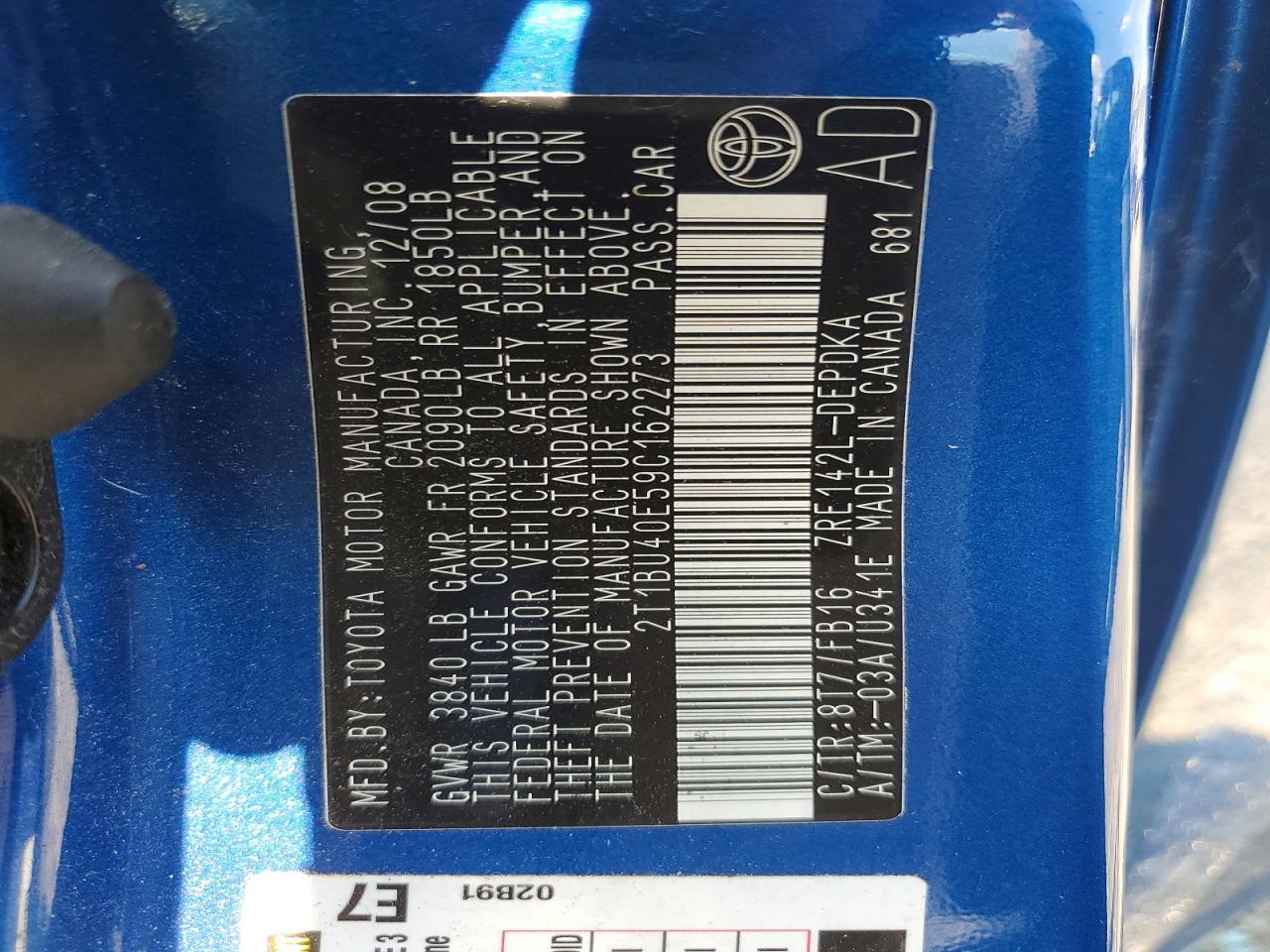 2009 Toyota Corolla Le Blue vin: 2T1BU40E59C162273