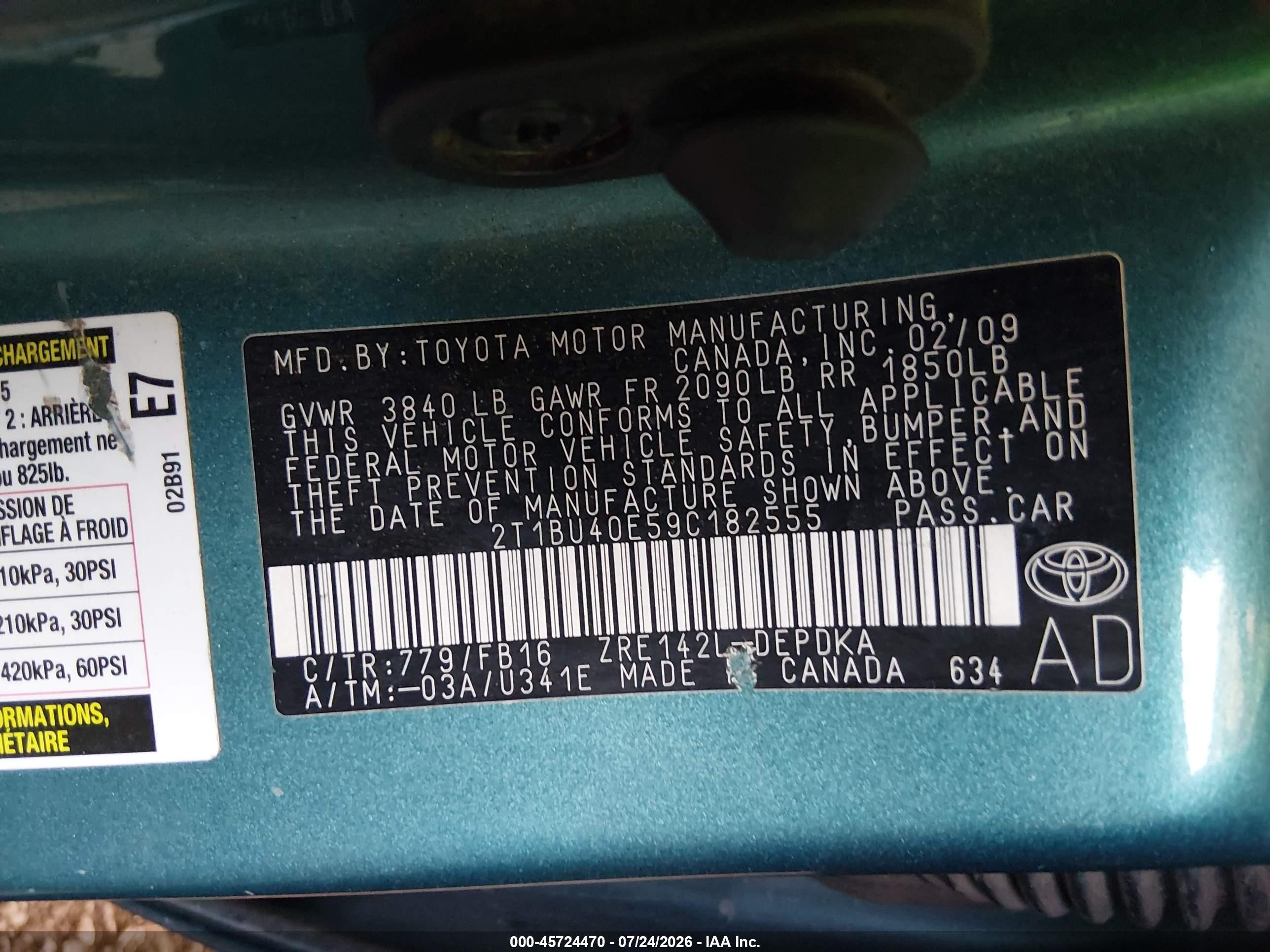 2009 Toyota Corolla Le Green vin: 2T1BU40E59C182555