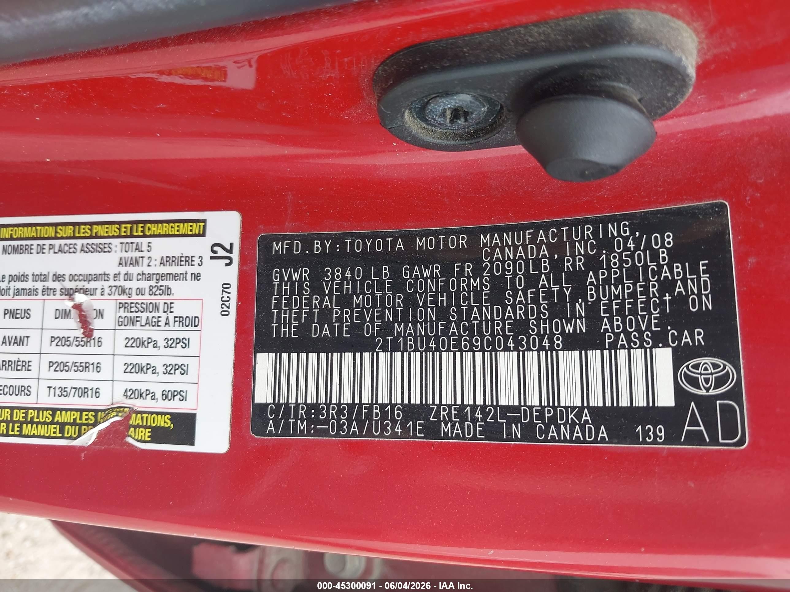 2009 Toyota Corolla Le Red vin: 2T1BU40E69C043048