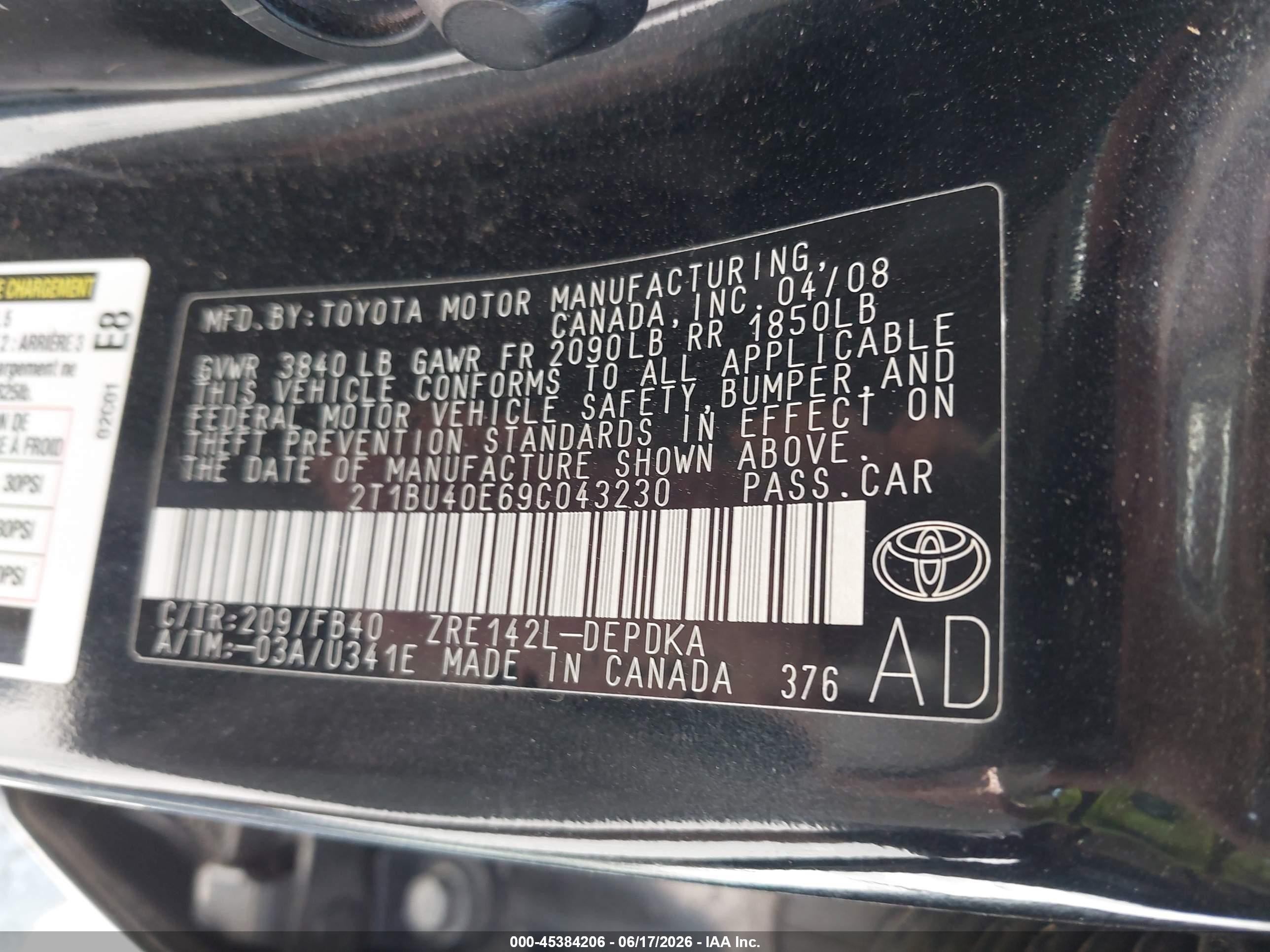 2009 Toyota Corolla Le Черный vin: 2T1BU40E69C043230