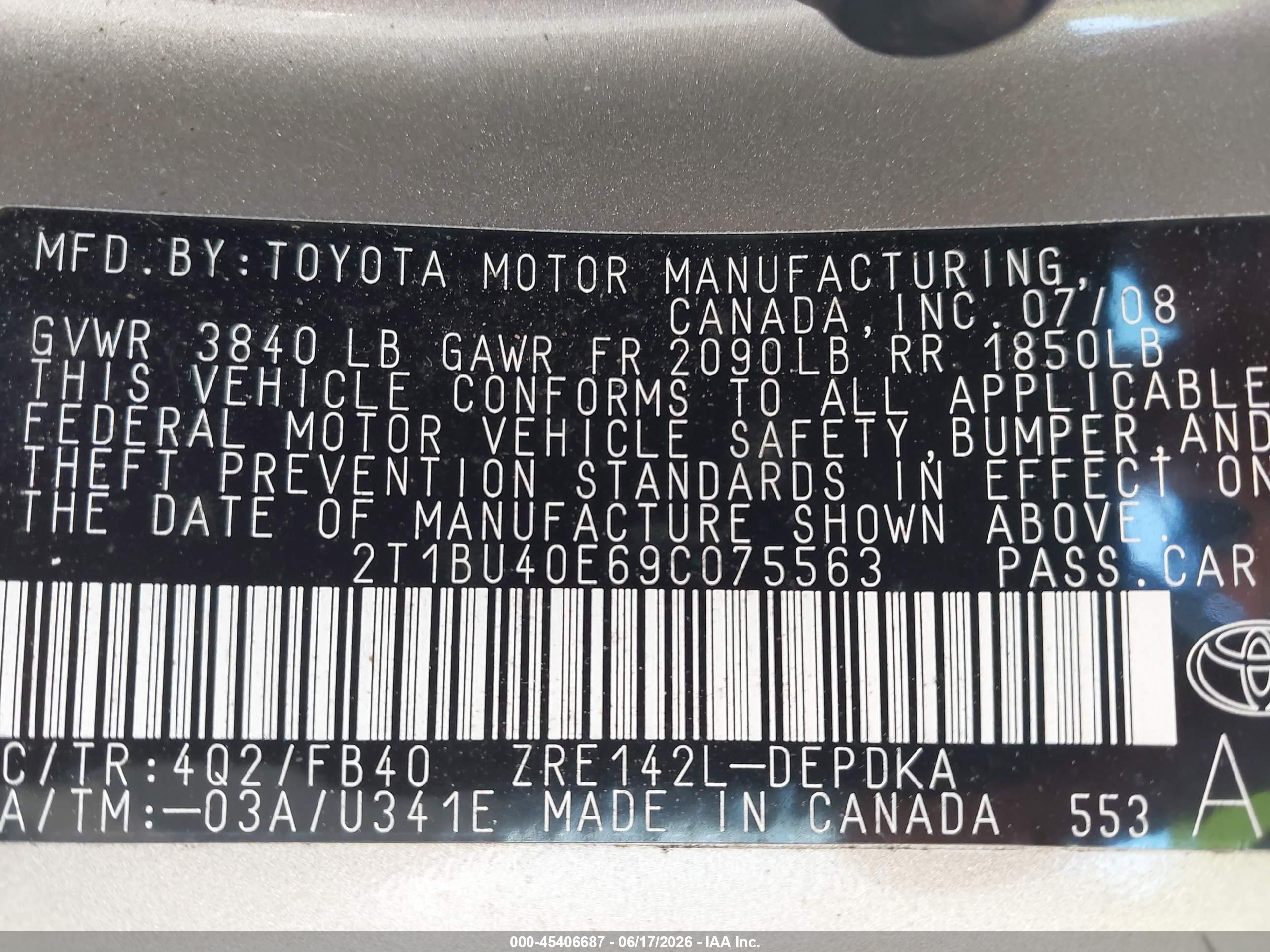 2009 Toyota Corolla Le Tan vin: 2T1BU40E69C075563