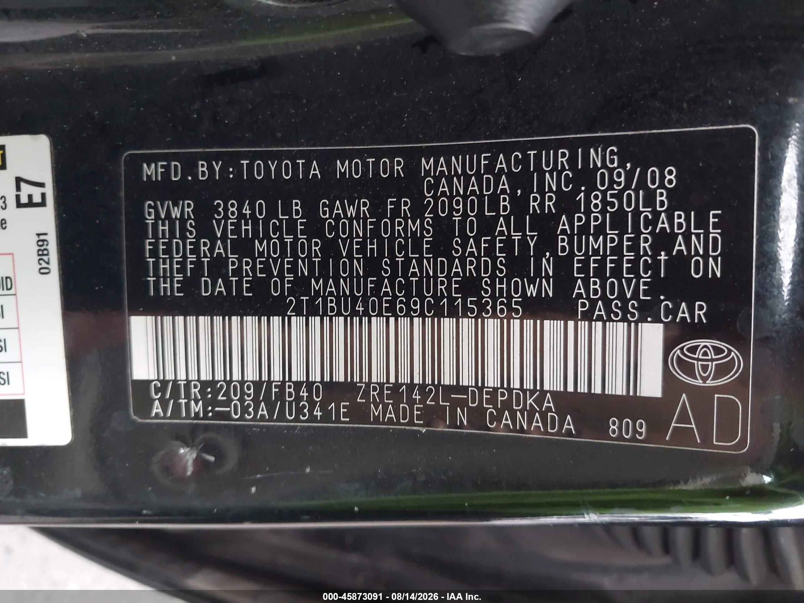 2009 Toyota Corolla Le Черный vin: 2T1BU40E69C115365