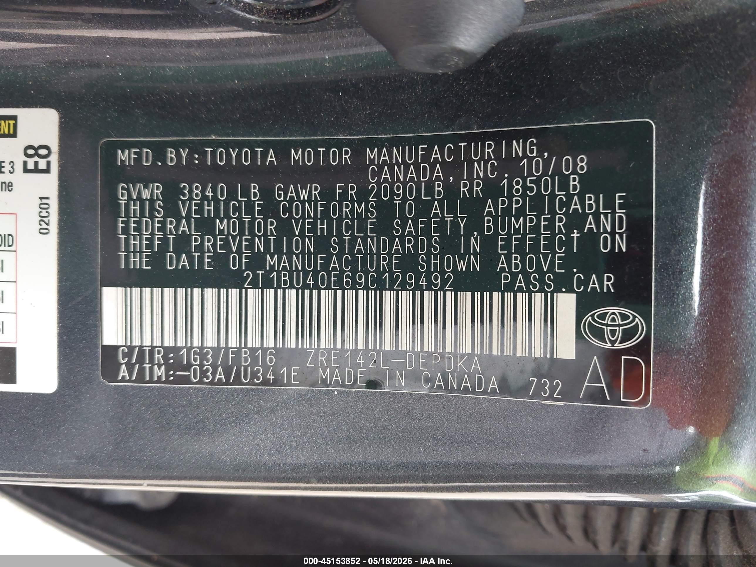 2009 Toyota Corolla Le Gray vin: 2T1BU40E69C129492