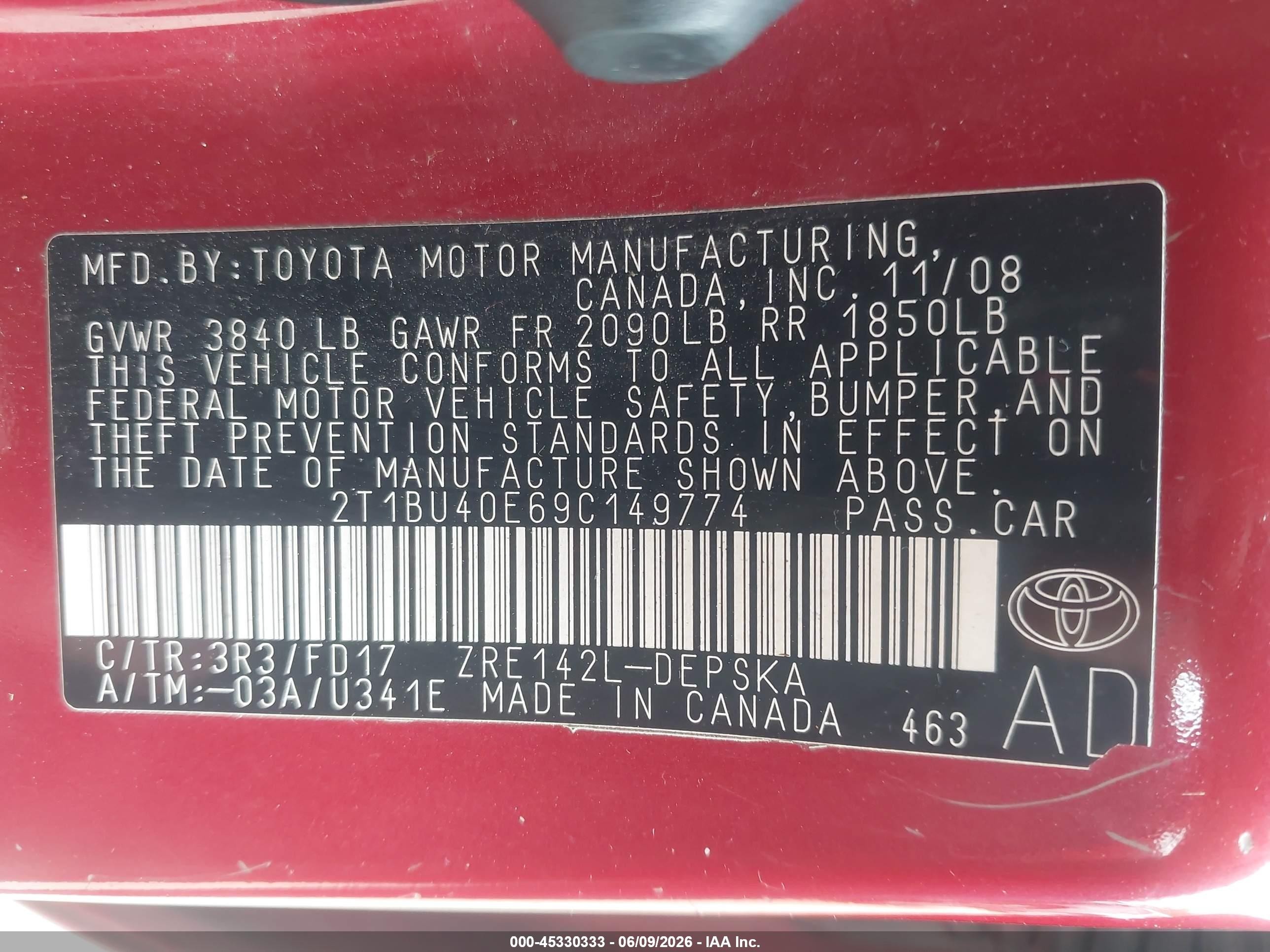 2009 Toyota Corolla S Red vin: 2T1BU40E69C149774