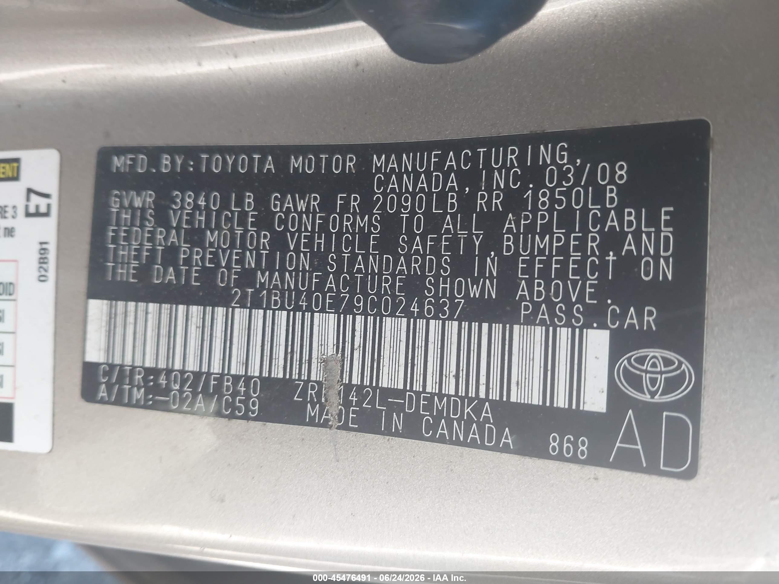 2009 Toyota Corolla   Gold vin: 2T1BU40E79C024637