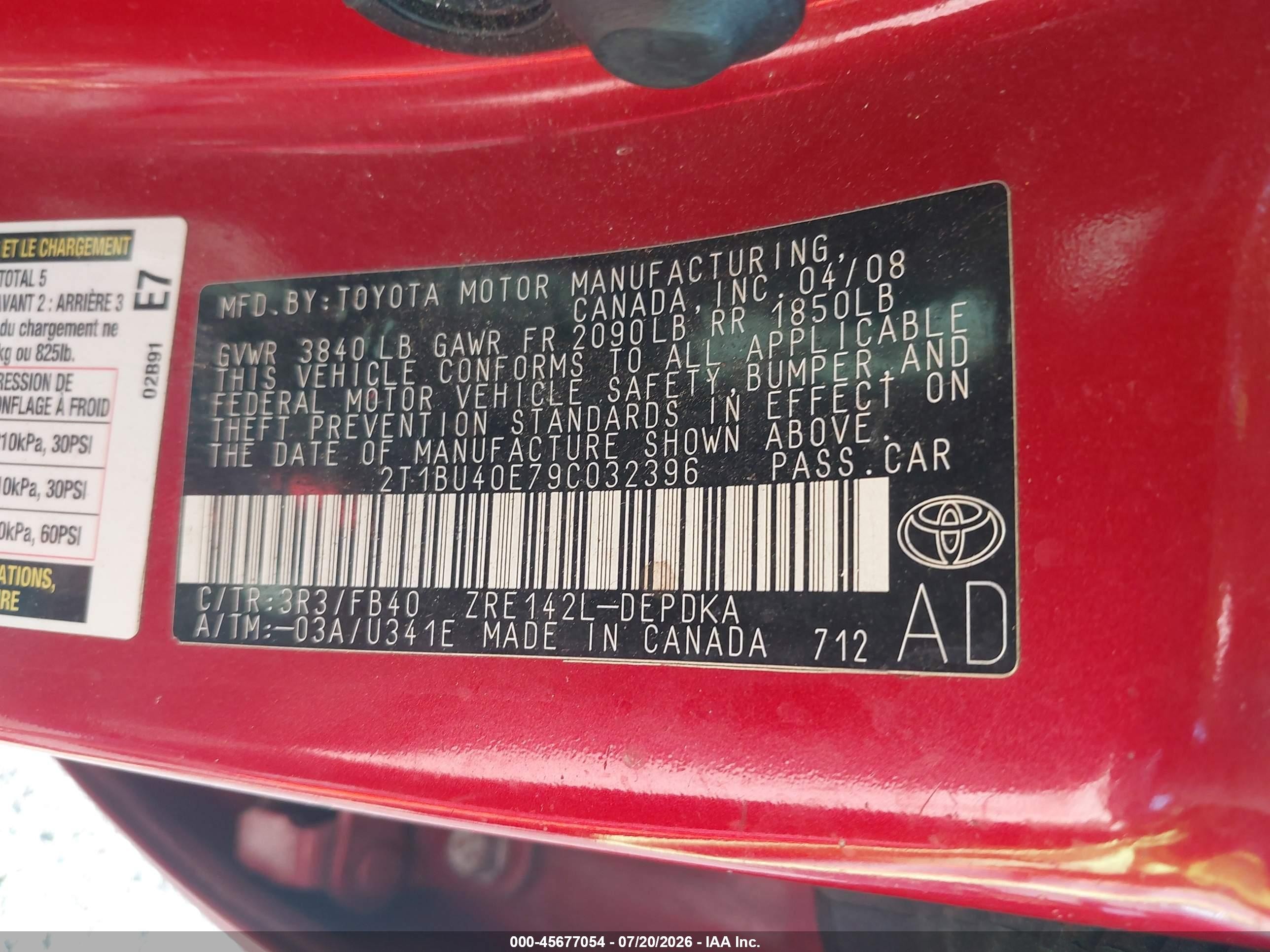 2009 Toyota Corolla Le Red vin: 2T1BU40E79C032396
