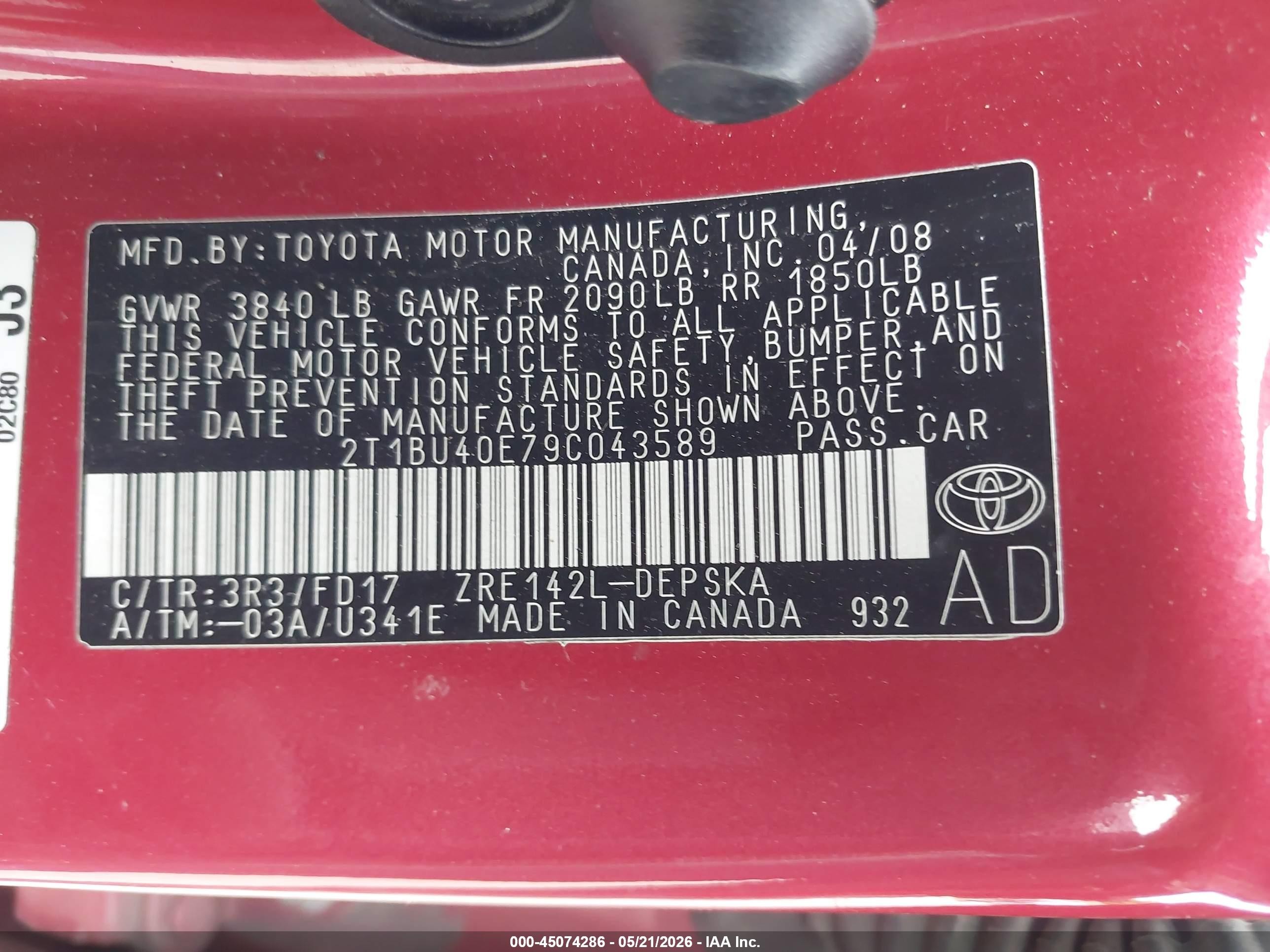 2009 Toyota Corolla S Red vin: 2T1BU40E79C043589