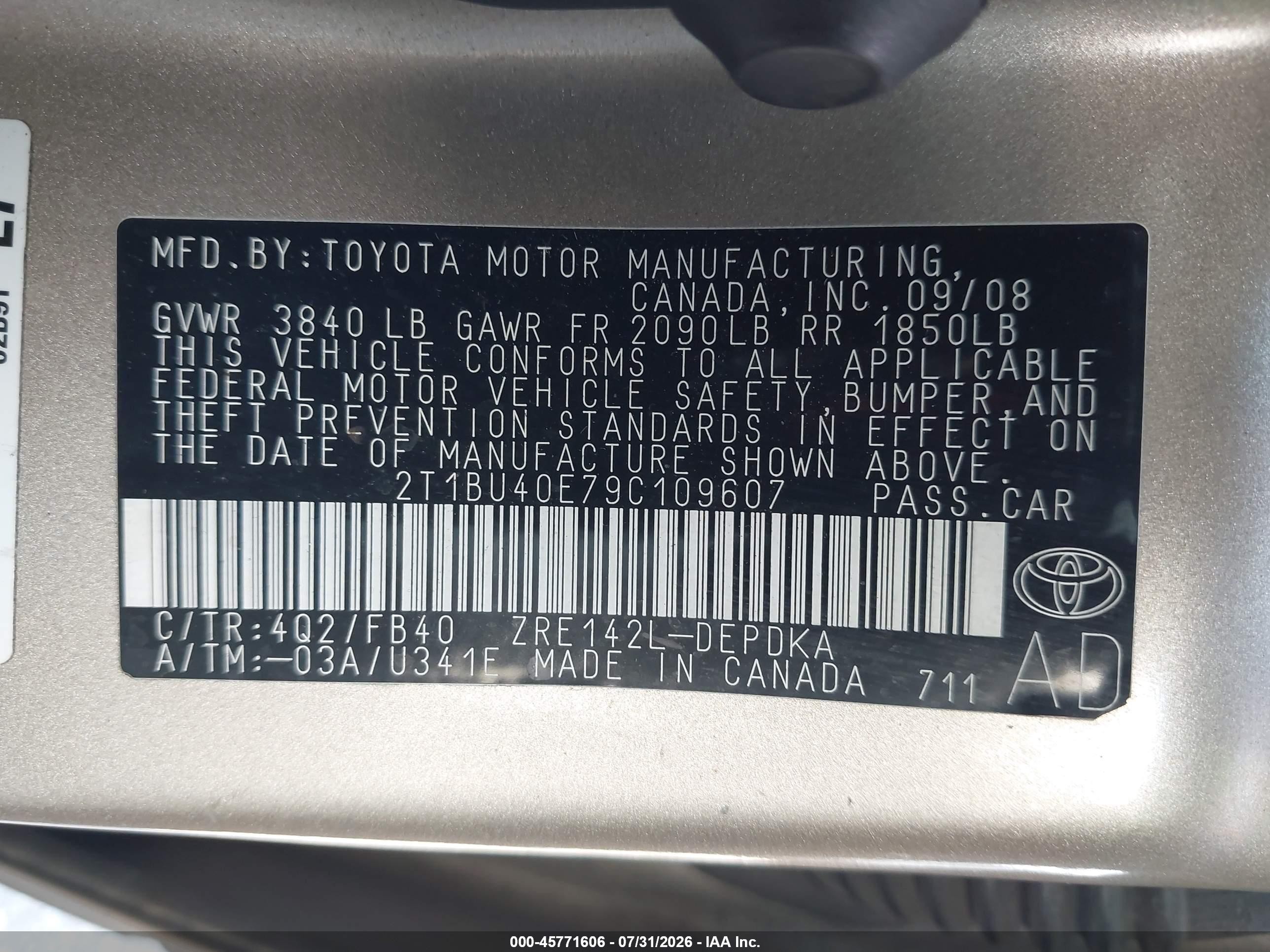 2009 Toyota Corolla Le Tan vin: 2T1BU40E79C109607