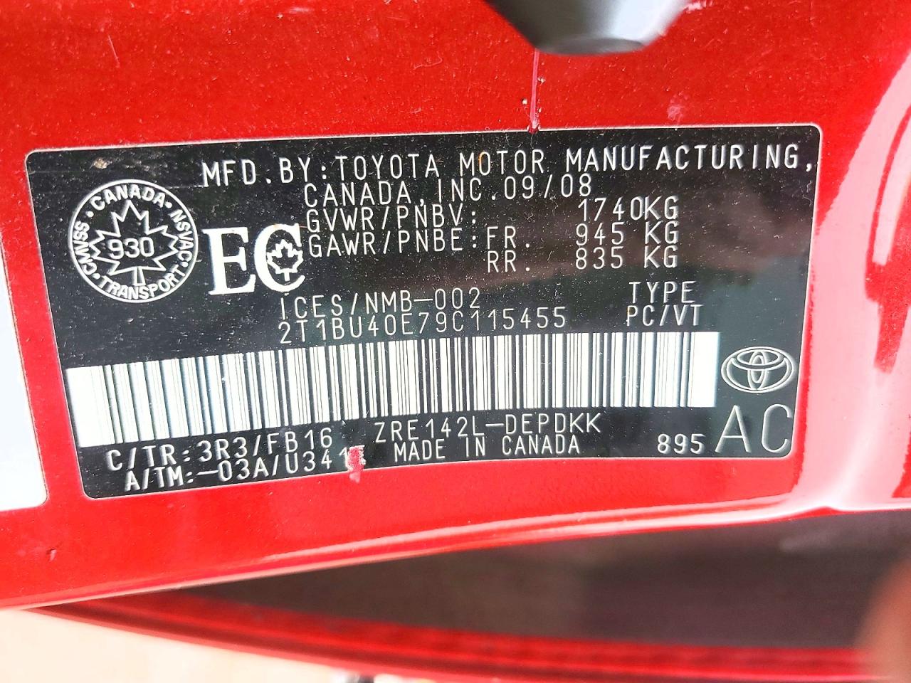 2009 Toyota Corolla Base Red vin: 2T1BU40E79C115455