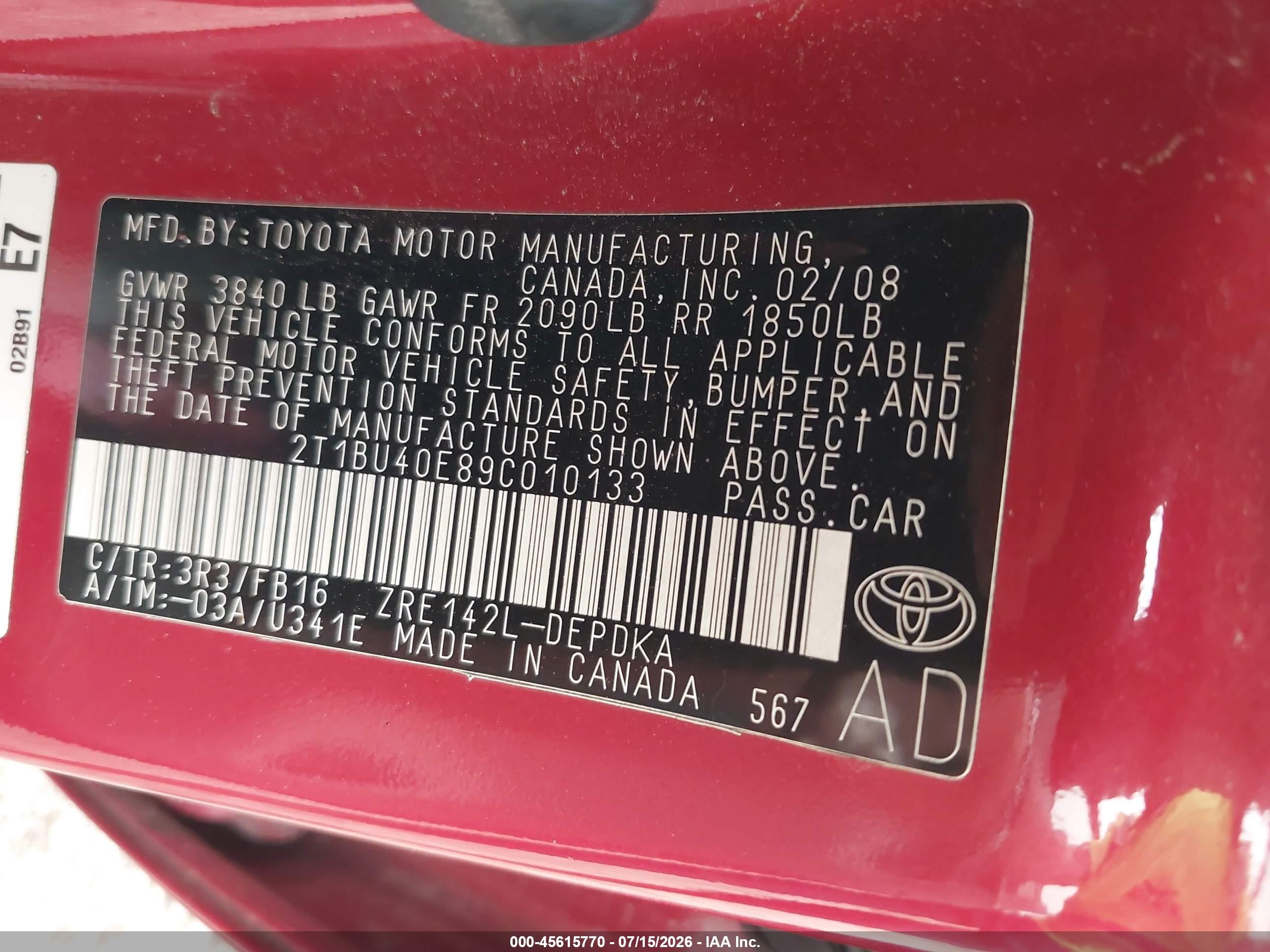 2009 Toyota Corolla Le Red vin: 2T1BU40E89C010133