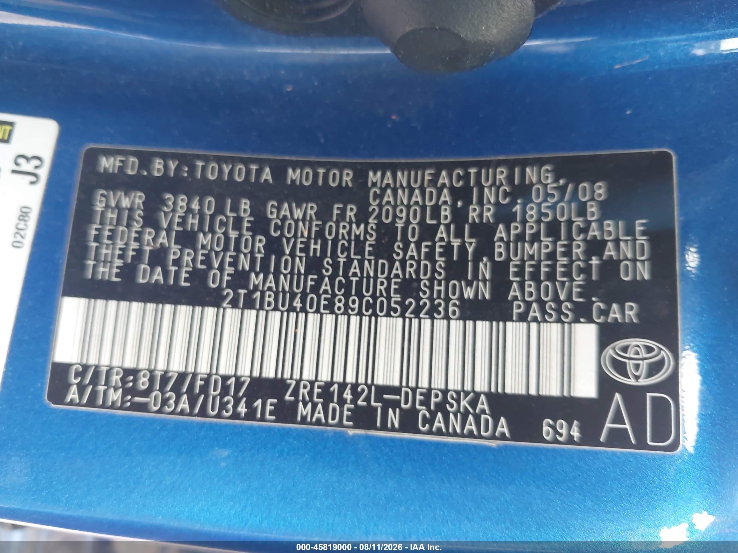 2009 Toyota Corolla S/le/xle Blue vin: 2T1BU40E89C052236