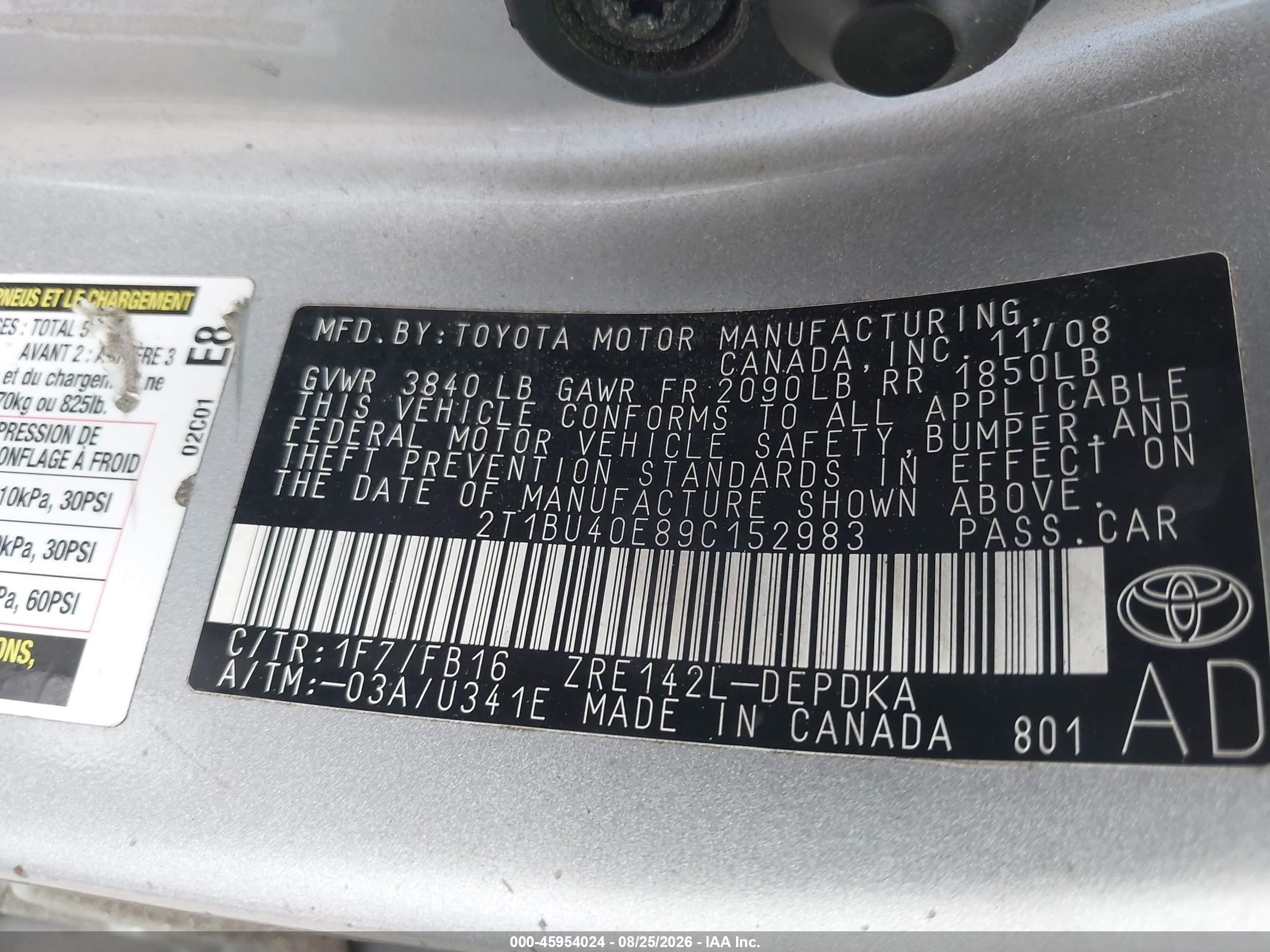 2009 Toyota Corolla Le Silver vin: 2T1BU40E89C152983