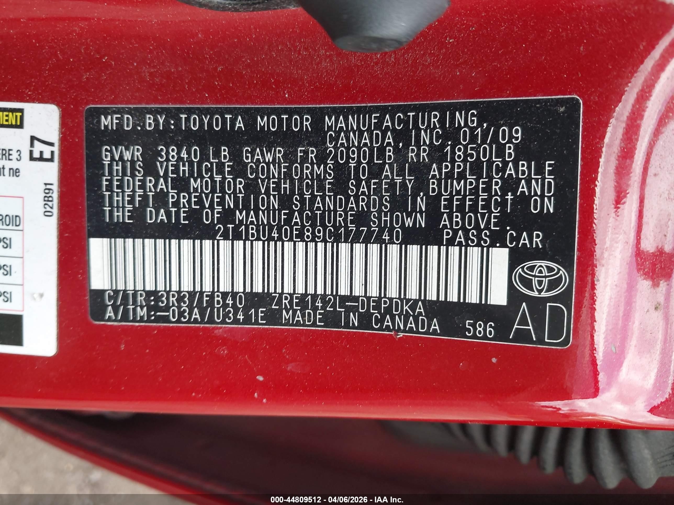2009 Toyota Corolla Le Red vin: 2T1BU40E89C177740