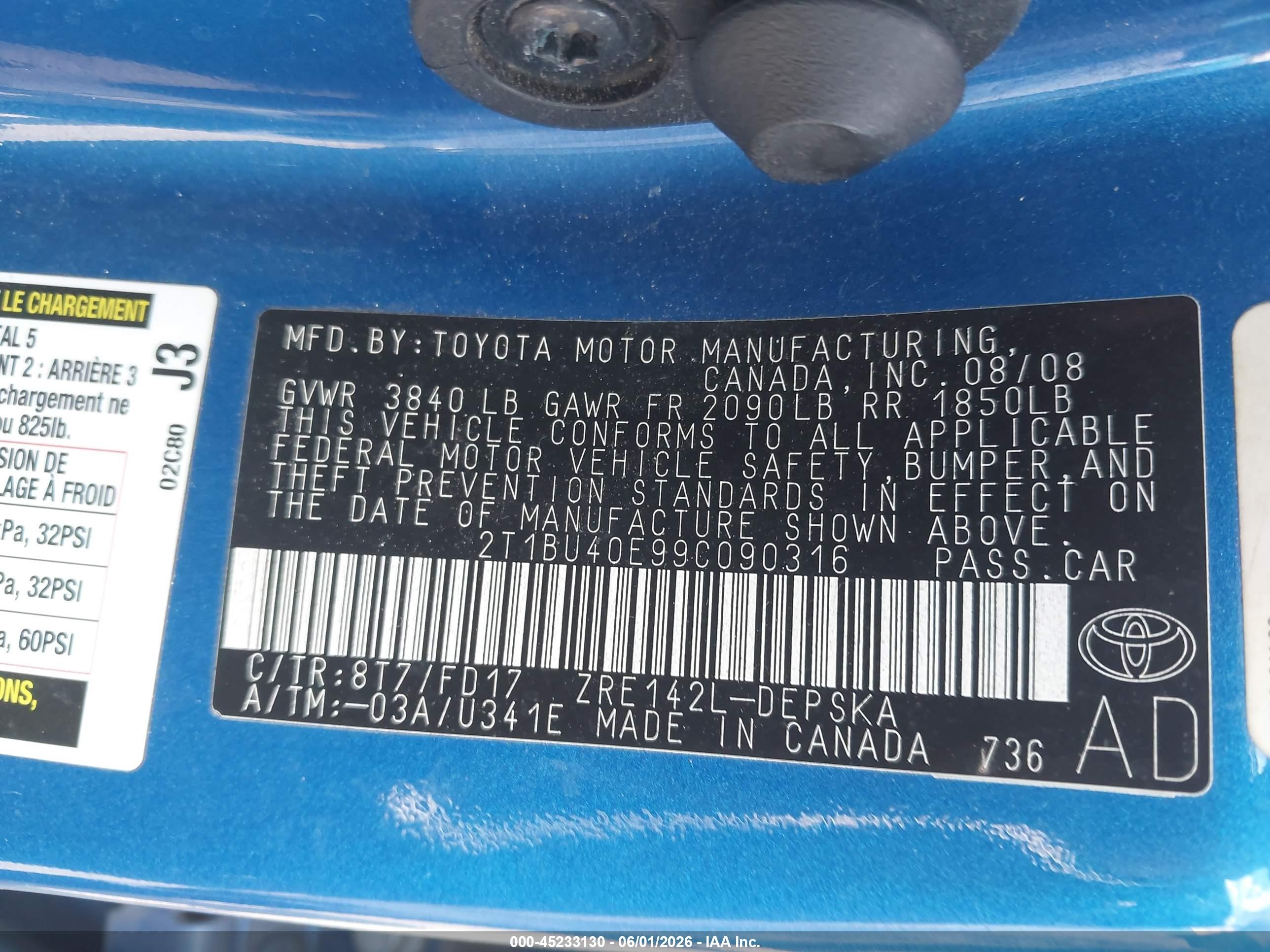 2009 Toyota Corolla S Blue vin: 2T1BU40E99C090316